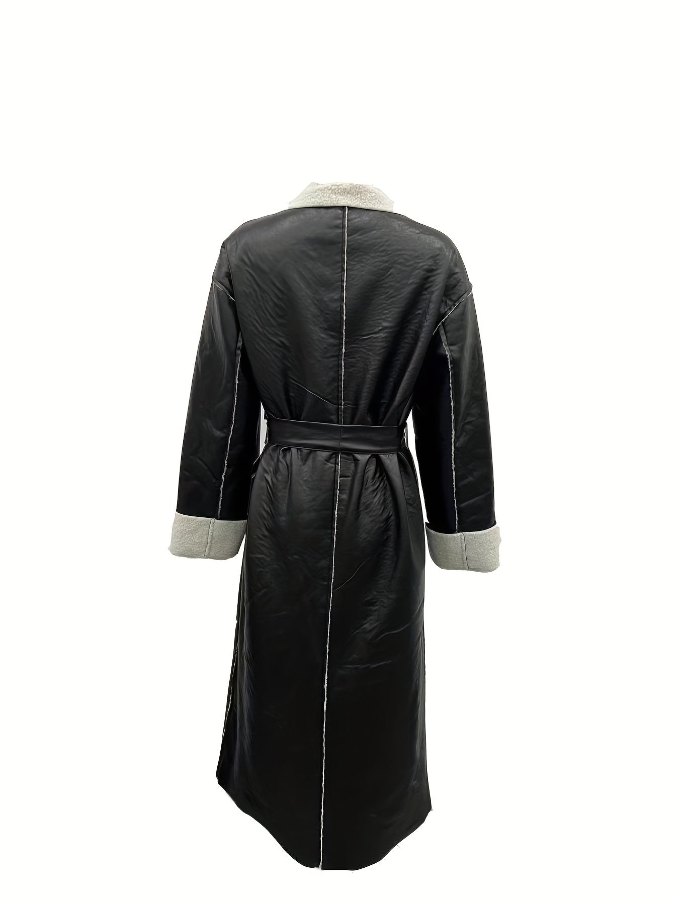 gbolsos Contrast Trim Faux Leather Overcoat, Vintage Lapel Long Sleeve Patched Pockets Belted Overcoat, Women's Clothing