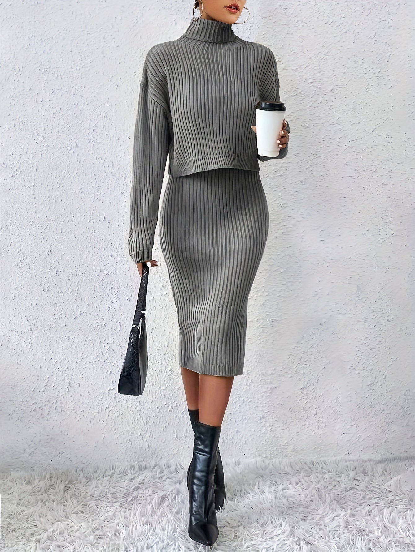 gbolsos Casual Sweater Two-piece Set, Turtleneck Long Sleeve Tops & Sleeveless Bodycon Dress Outfits, Women's Clothing