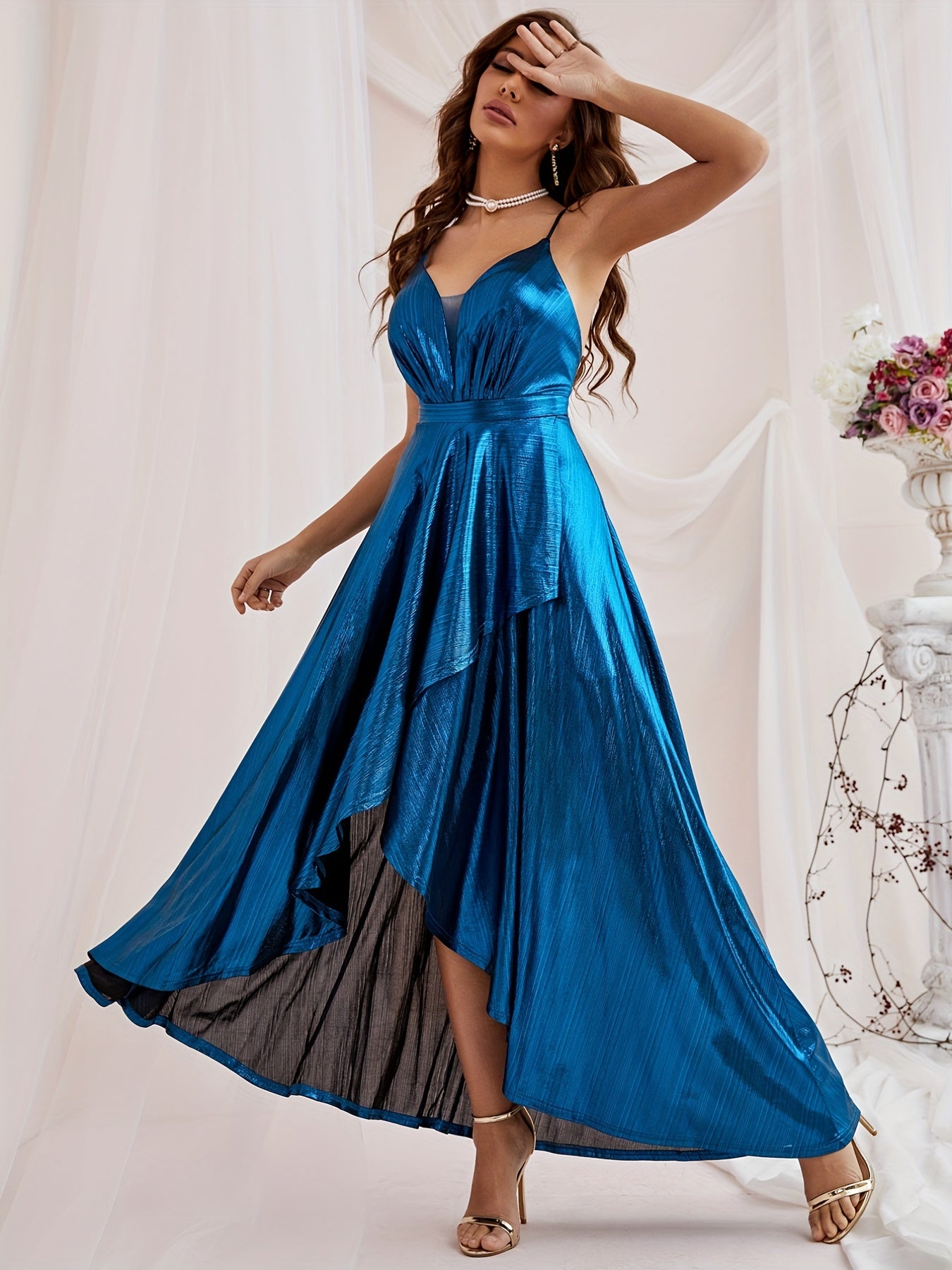 gbolsos Ruffle Hem Cami Bridesmaid Dress, Elegant Backless Dress For Wedding Party, Women's Clothing