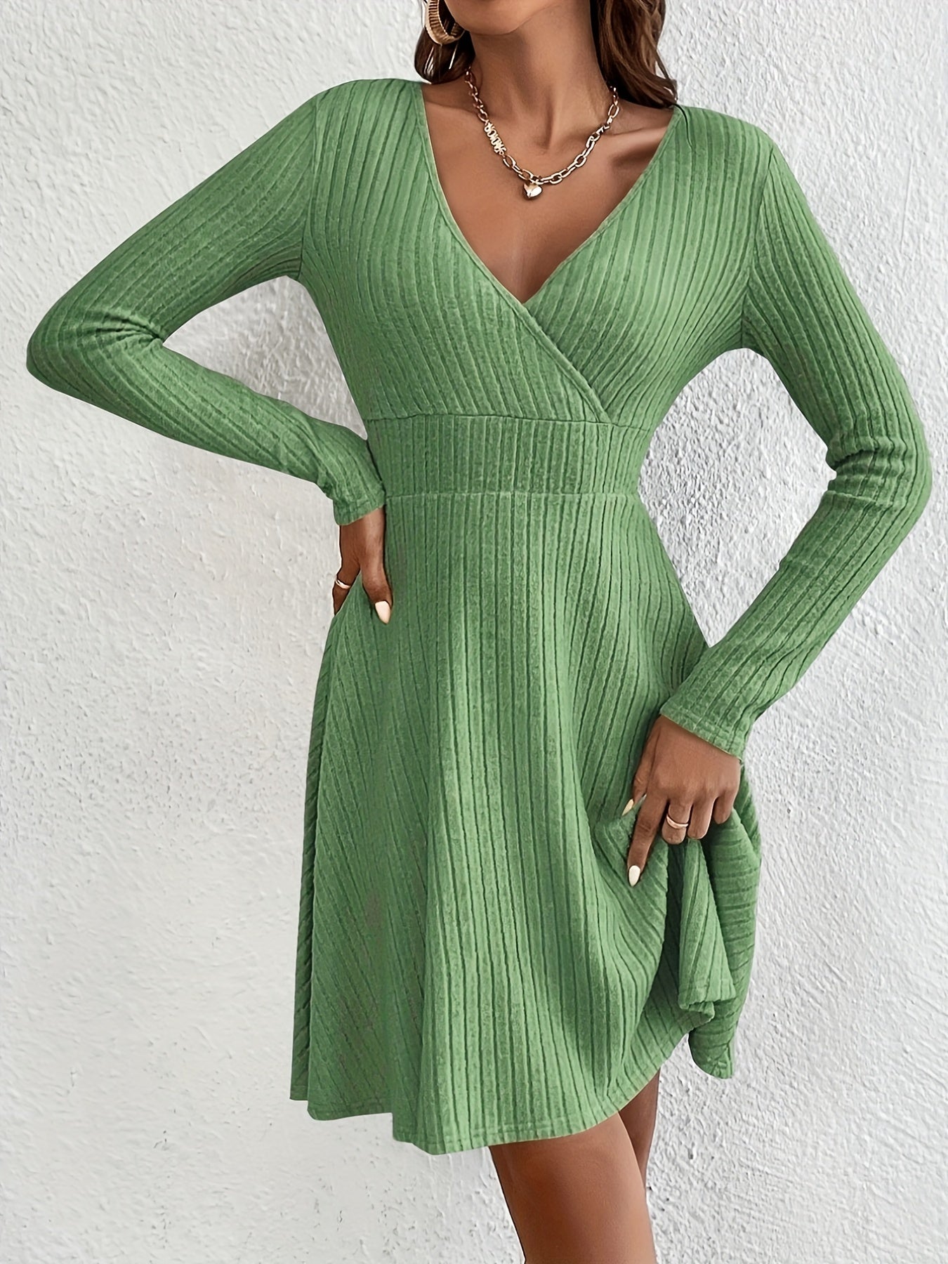 Solid Bodycon Ribbed Dress, Casual V Neck Long Sleeve Dress, Women's Clothing