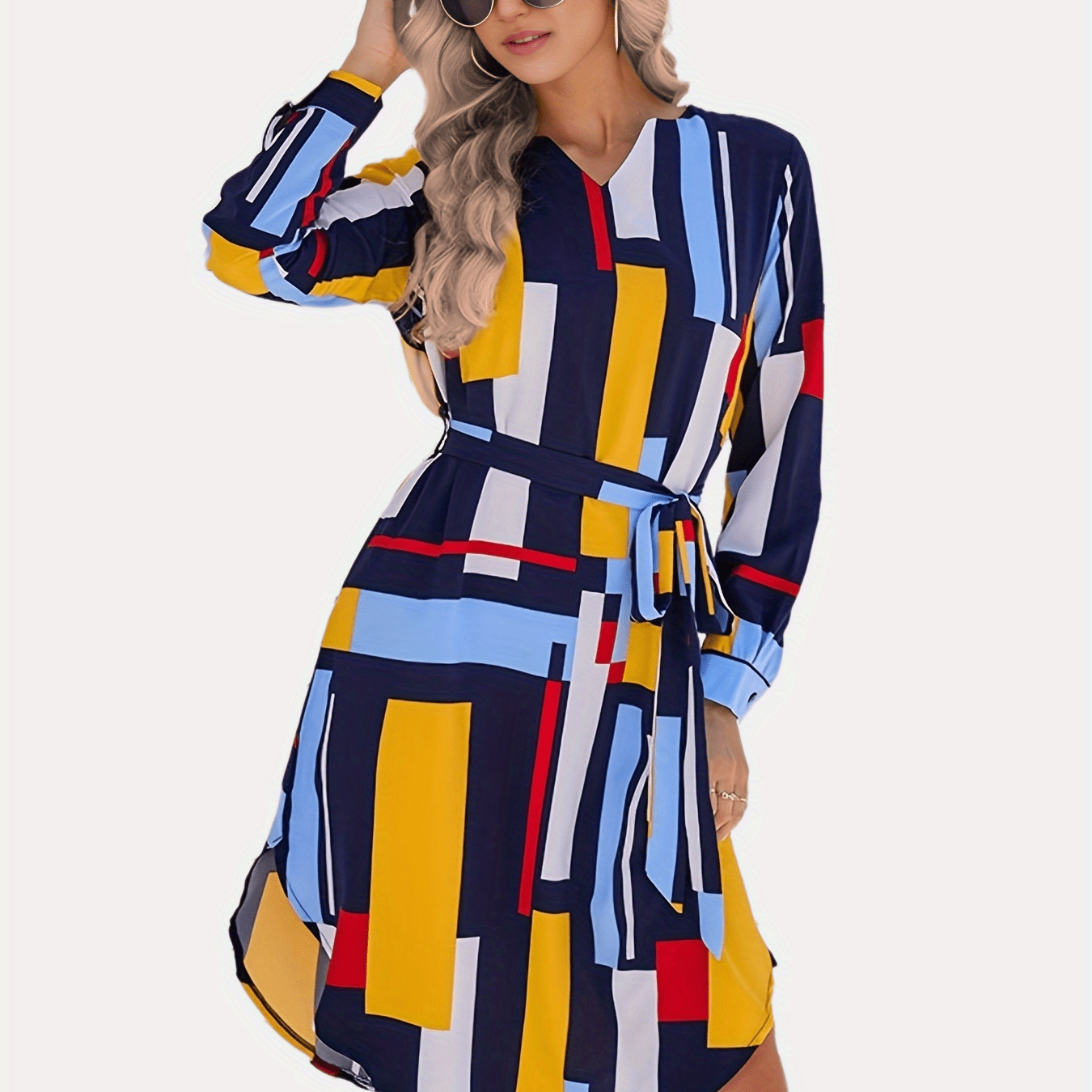 Color Block Belt V Neck Dress, Casual Long Sleeve Dress For Spring & Fall, Women's Clothing