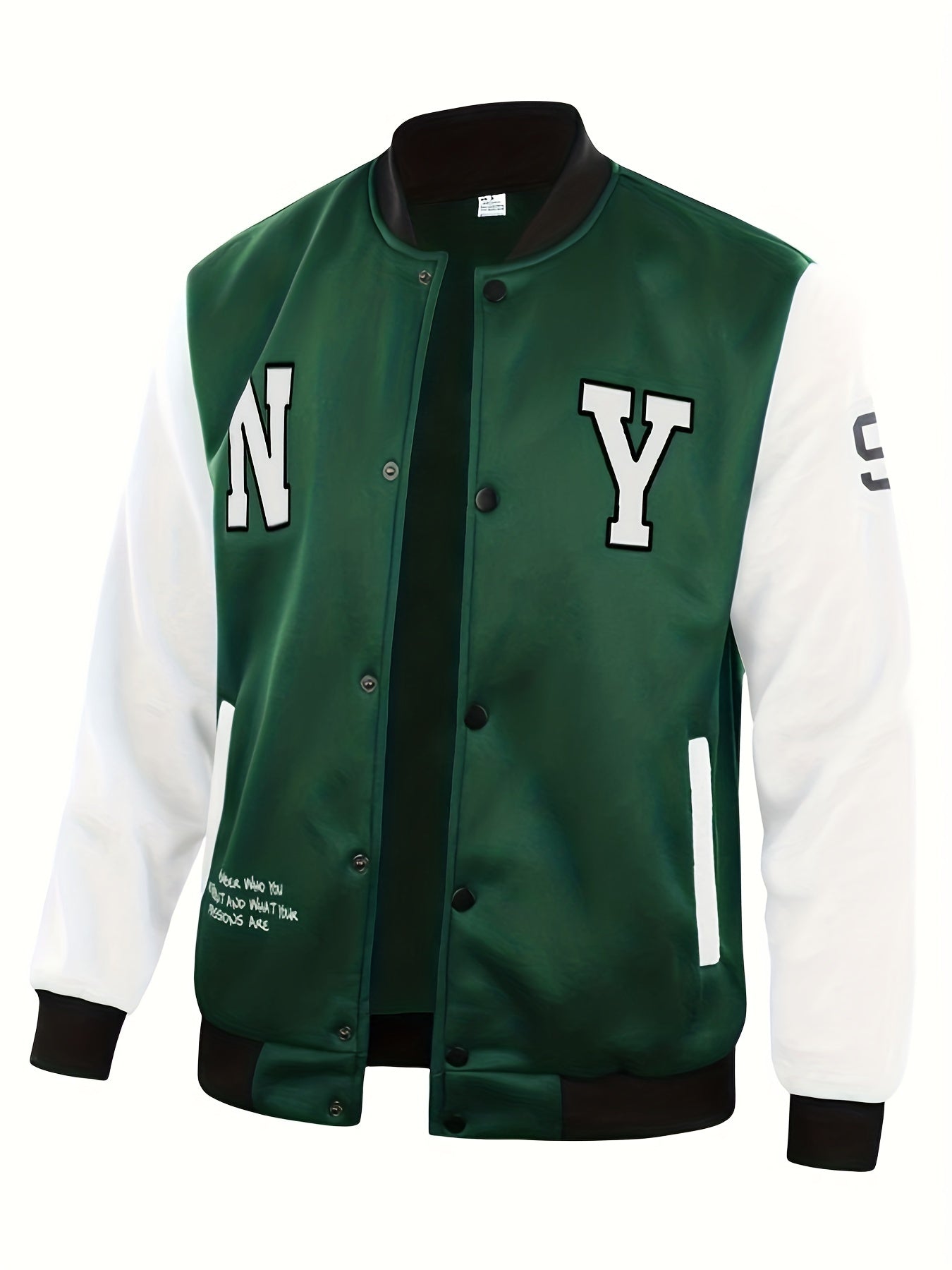 gbolsos NY Print Varsity Jacket, Men's Casual Slightly Stretchy Baseball Jacket Contrast Colors Stitching Coat Regular Fit College Hipster Windbreaker For Spring Autumn