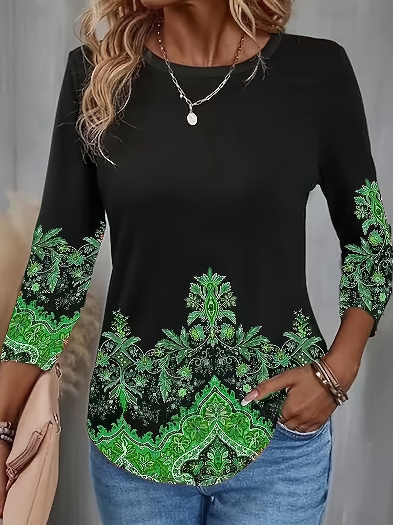gbolsos Vintage Floral Long Sleeve T-Shirt, Crew Neck Casual Top For Fall & Spring, Women's Clothing