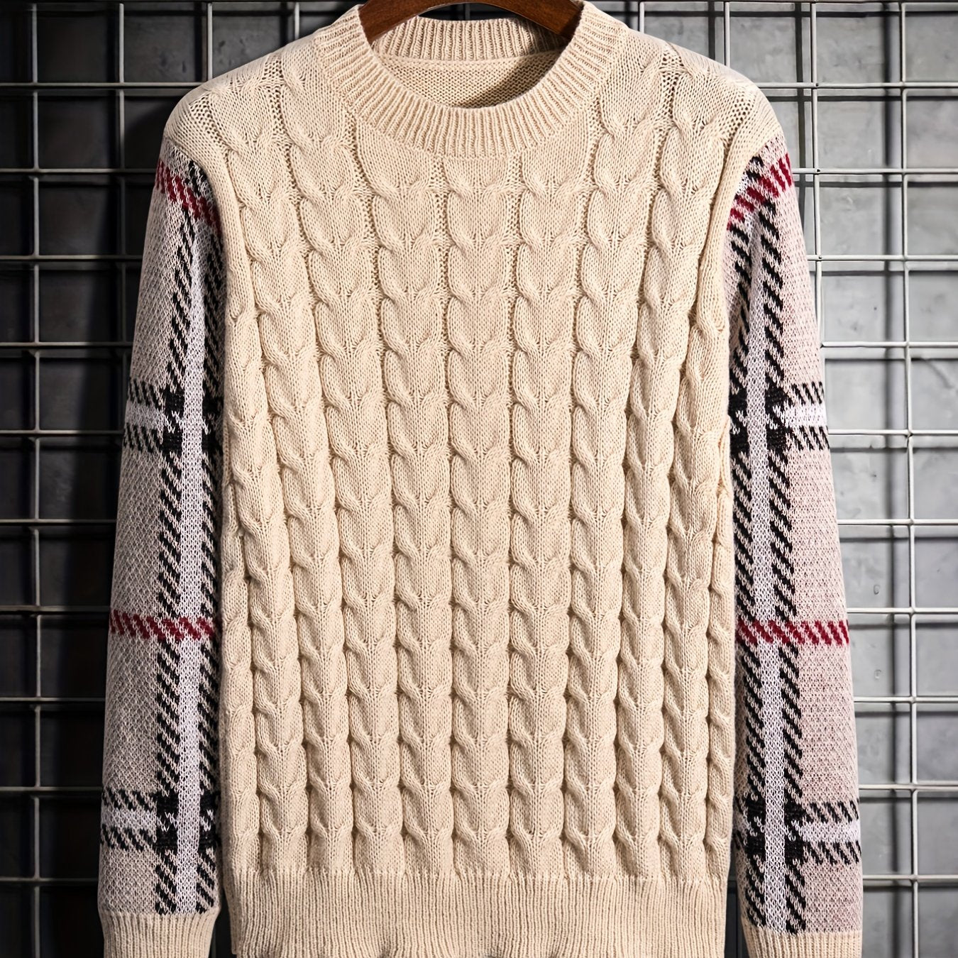 gbolsos Crew Neck Knitted Sweater, Men's Casual Warm Color Block Plaid Sleeves Slightly Stretch Pullover Sweater For Fall Winter