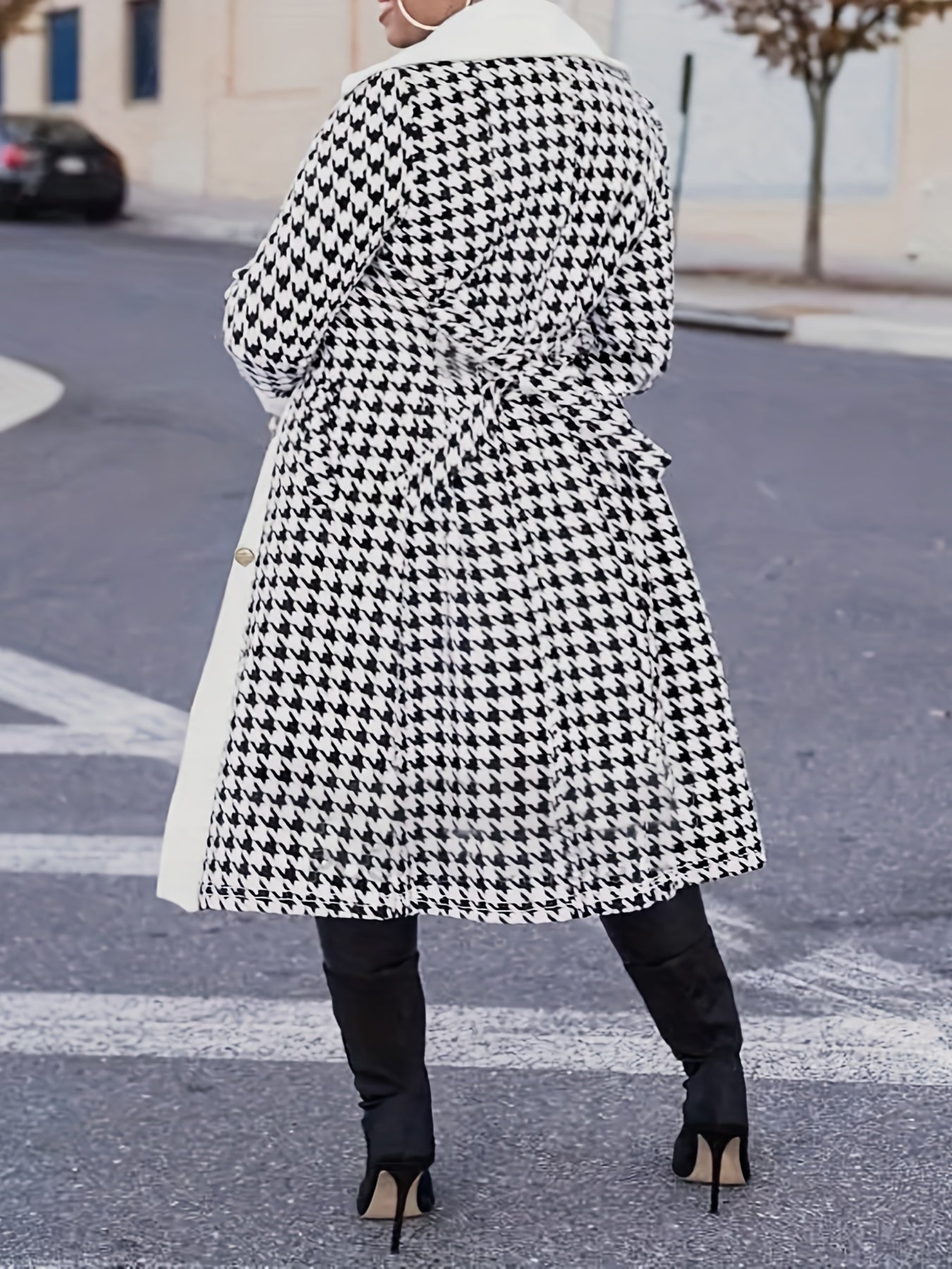 solvbao Plus Size Casual Coat, Women's Plus Colorblock Houndstooth Print Double Button Long Sleeve Lapel Collar Belted Overcoat