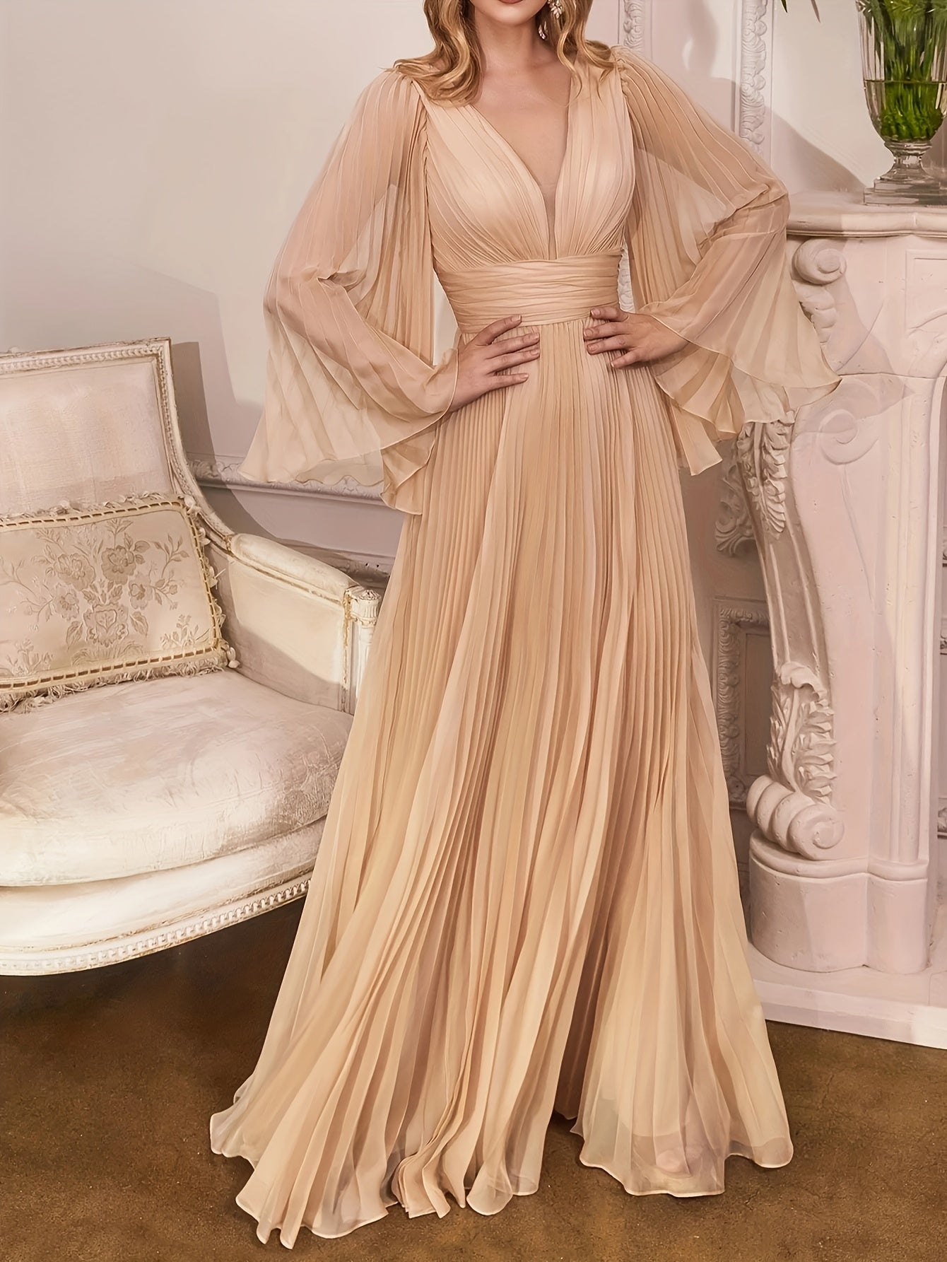 gbolsos Plus Size Solid Pleated Bridesmaid Dress, Elegant V-neck Flare Sleeve Maxi Dress For Wedding Party, Women's Plus Size Clothing