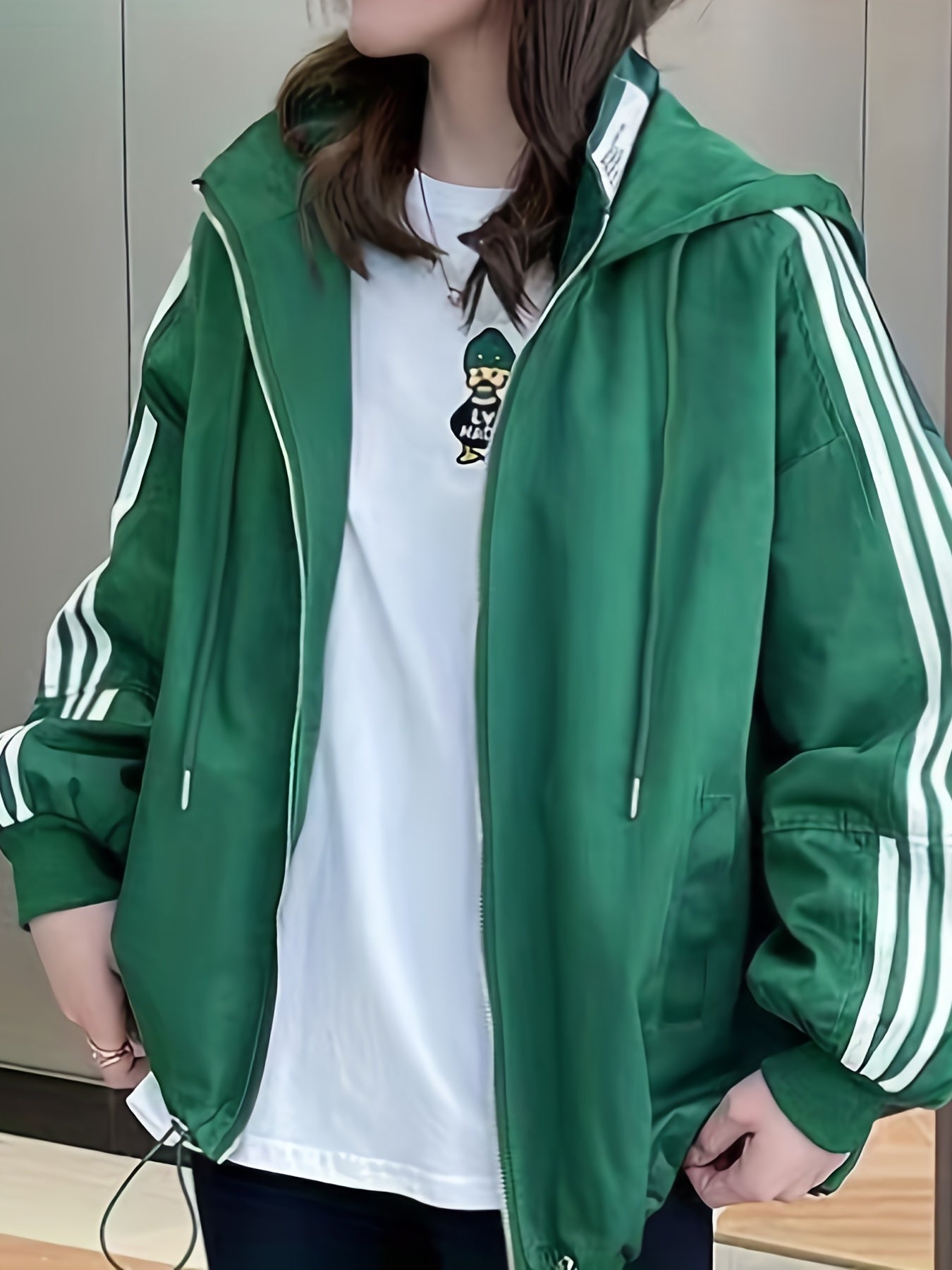 gbolsos Striped Print Zip Up Jacket, Casual Drawstring Hooded Jacket, Women's Clothing
