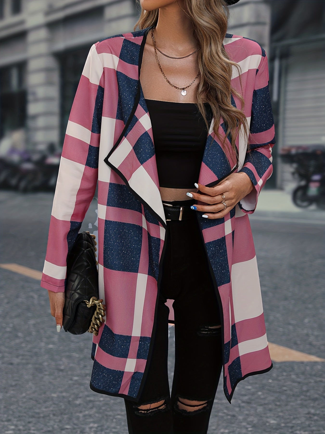 gbolsos Plaid Print Cardigan, Casual Open Front Long Sleeve Outerwear, Women's Clothing