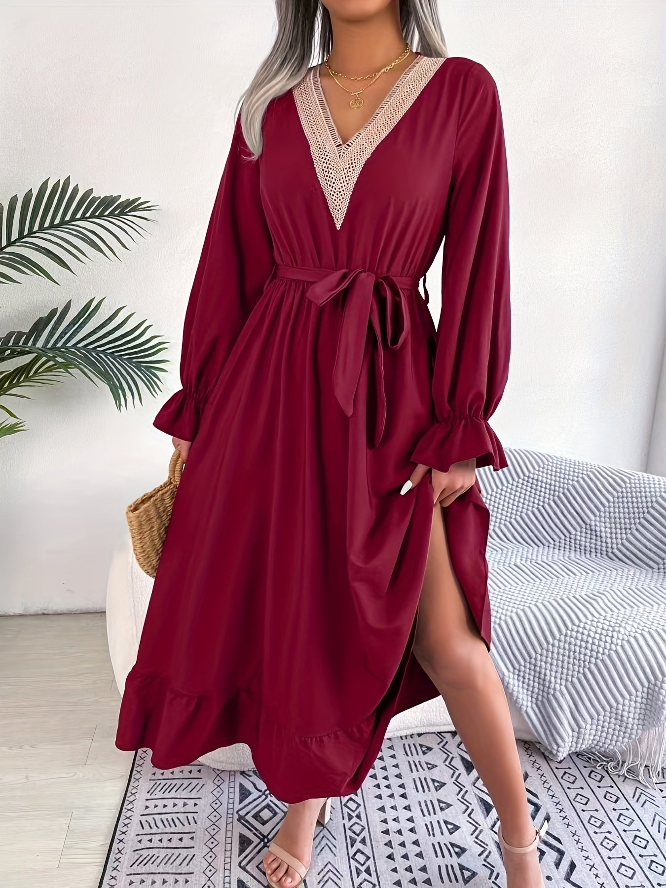 gbolsos Guipure Lace Ruched Dress, Casual V Neck Long Sleeve Ruffle Hem Dress, Women's Clothing