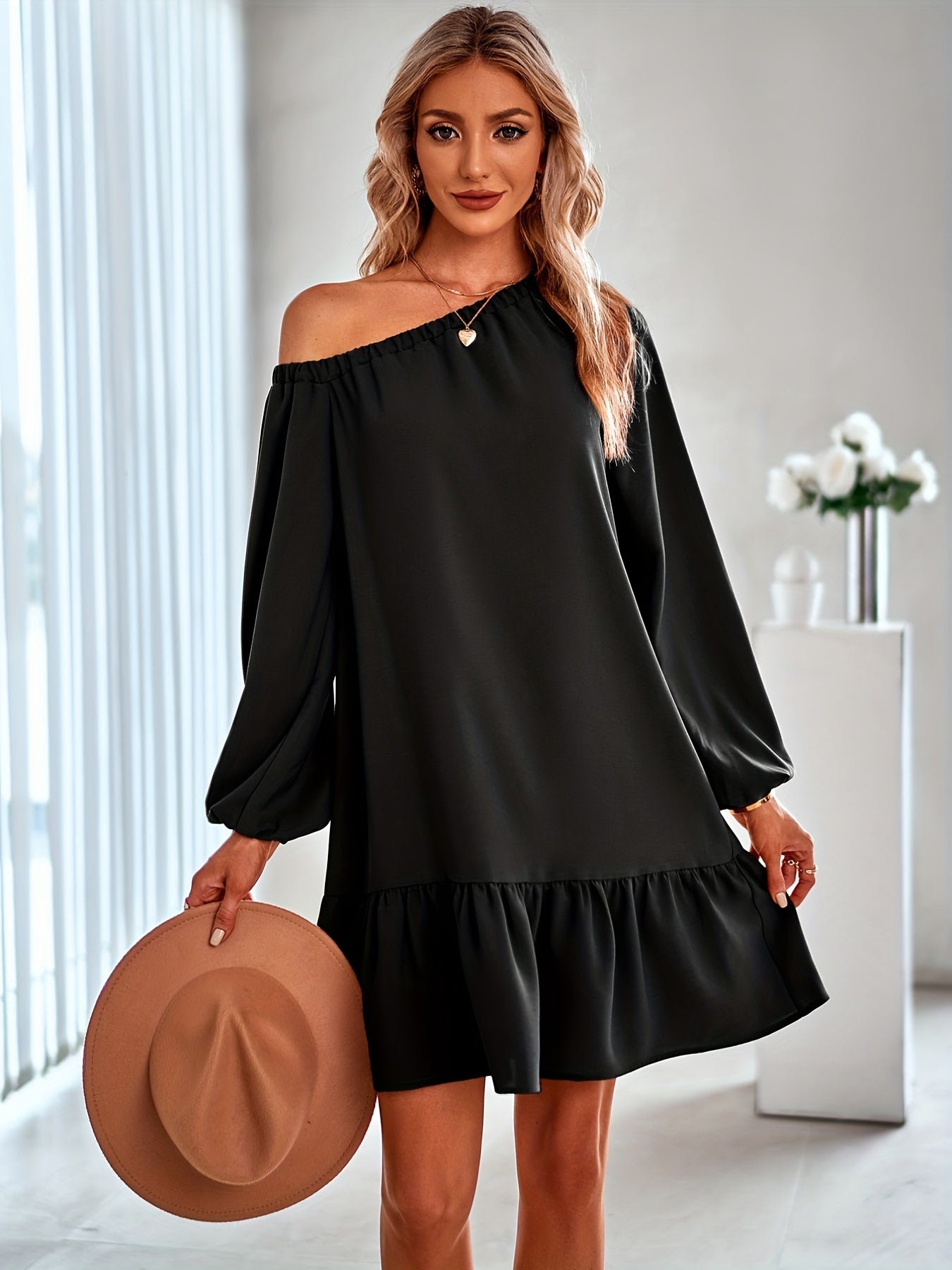 Ruffle Trim Slanted Shoulder Dress, Casual Solid Long Sleeve Dress, Women's Clothing