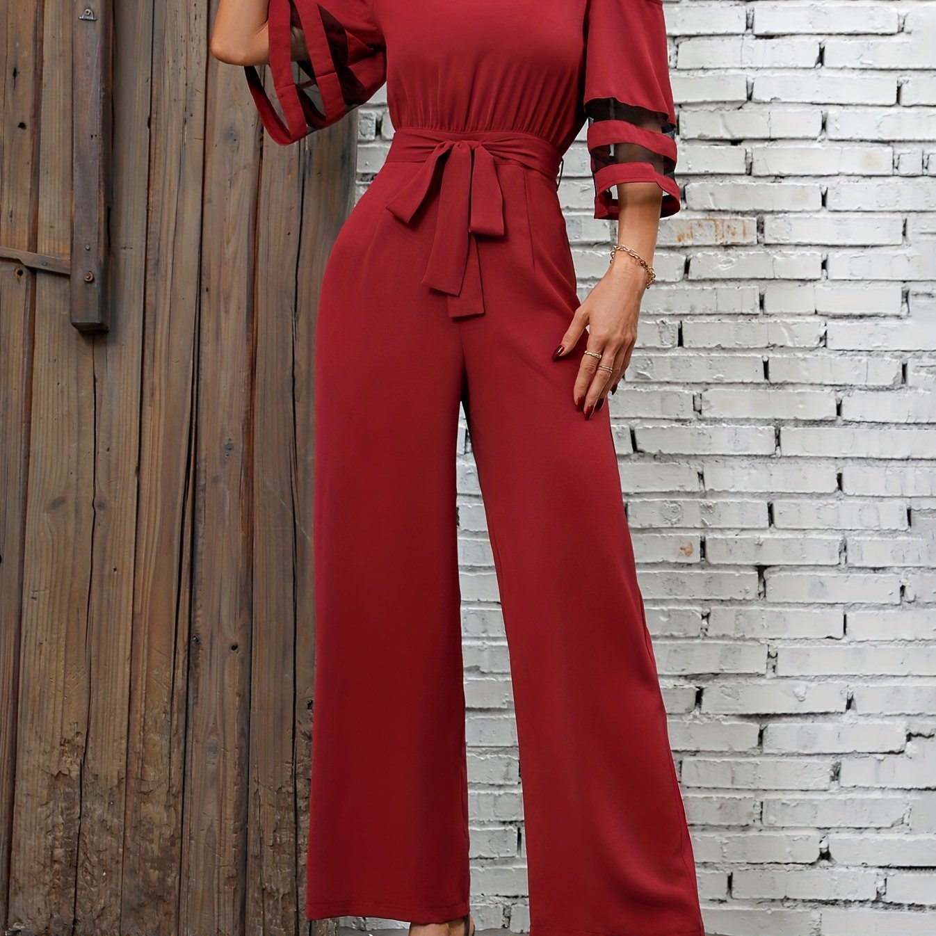 Chain Wide Leg Jumpsuit, Casual High Waist Contrast Mesh Jumpsuit, Women's Clothing