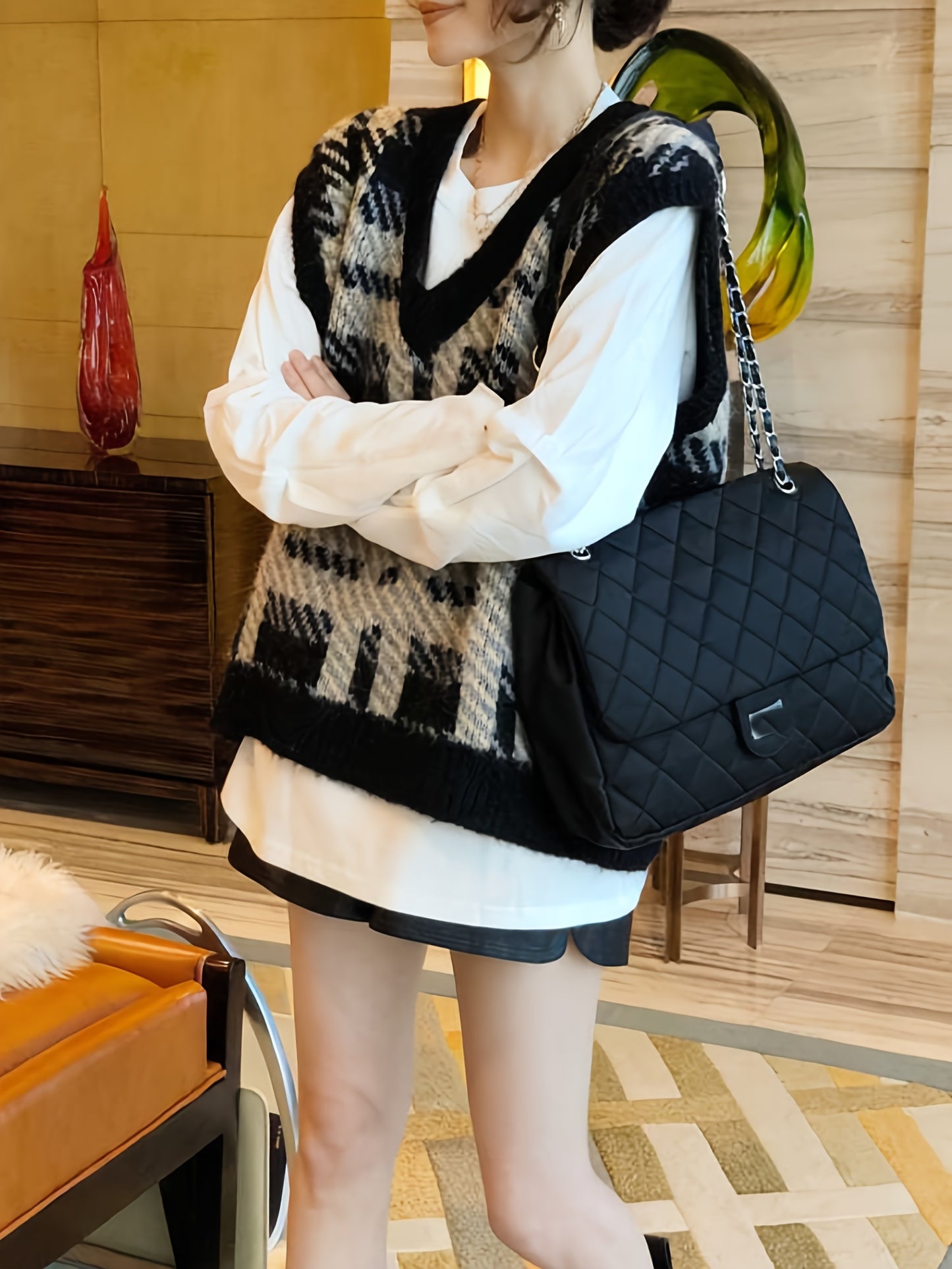 gbolsos Plaid Pattern V Neck Knitted Vest, Casual Sleeveless Loose Sweater For Spring & Fall, Women's Clothing