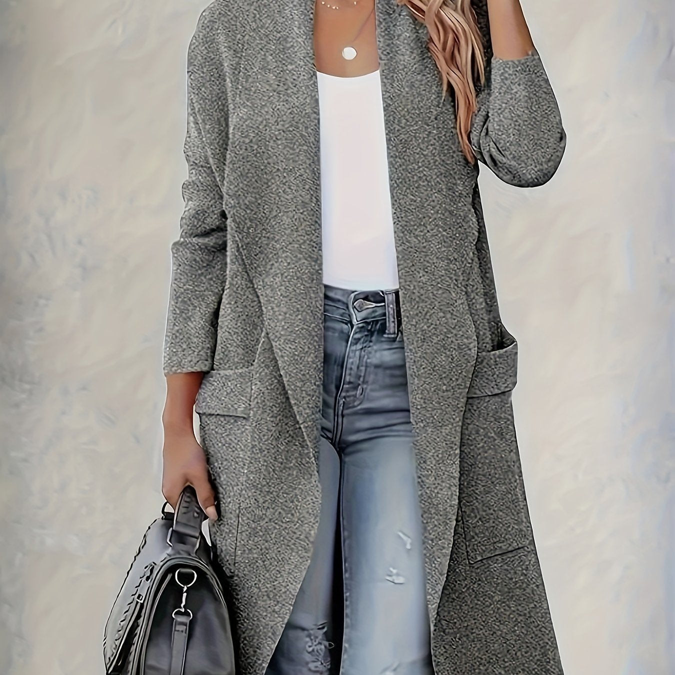 Plus Size Elegant Coat, Women's Plus Solid Long Sleeve Open Front Lapel Collar Longline Cardigan Coat With Pockets
