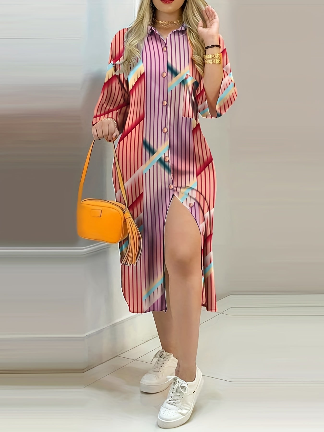 gbolsos Color Block Floral Print Shirt Dress, Casual Button Pocket Dress, Women's Clothing