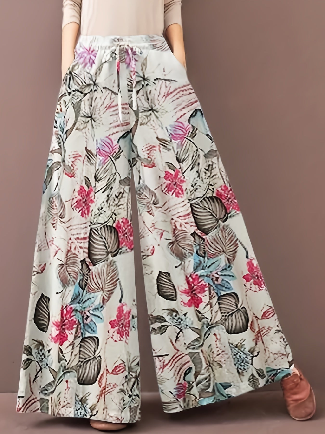 Plus Size Casual Pants, Women's Plus Floral Print Wide Leg Loose Drawstring Pants With Pockets