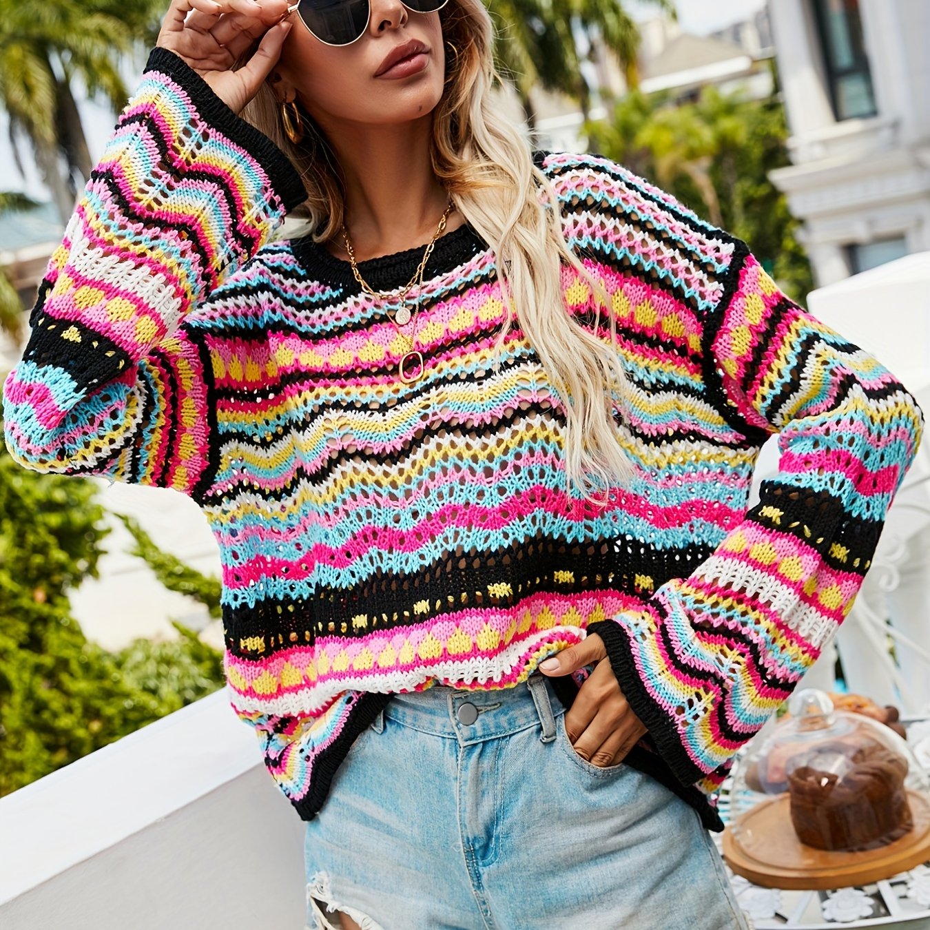 gbolsos Hollow Striped Knit Sweater, Casual Crew Neck Long Sleeve Sweater, Women's Clothing