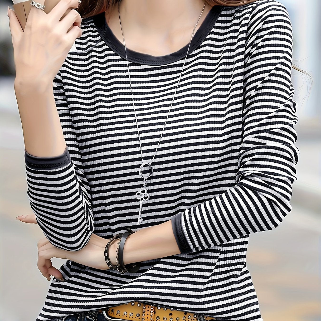 gbolsos Women's Striped Crew Neck T-Shirt, Casual Long Sleeve T-Shirt, Casual Every Day Tops, Women's Clothing