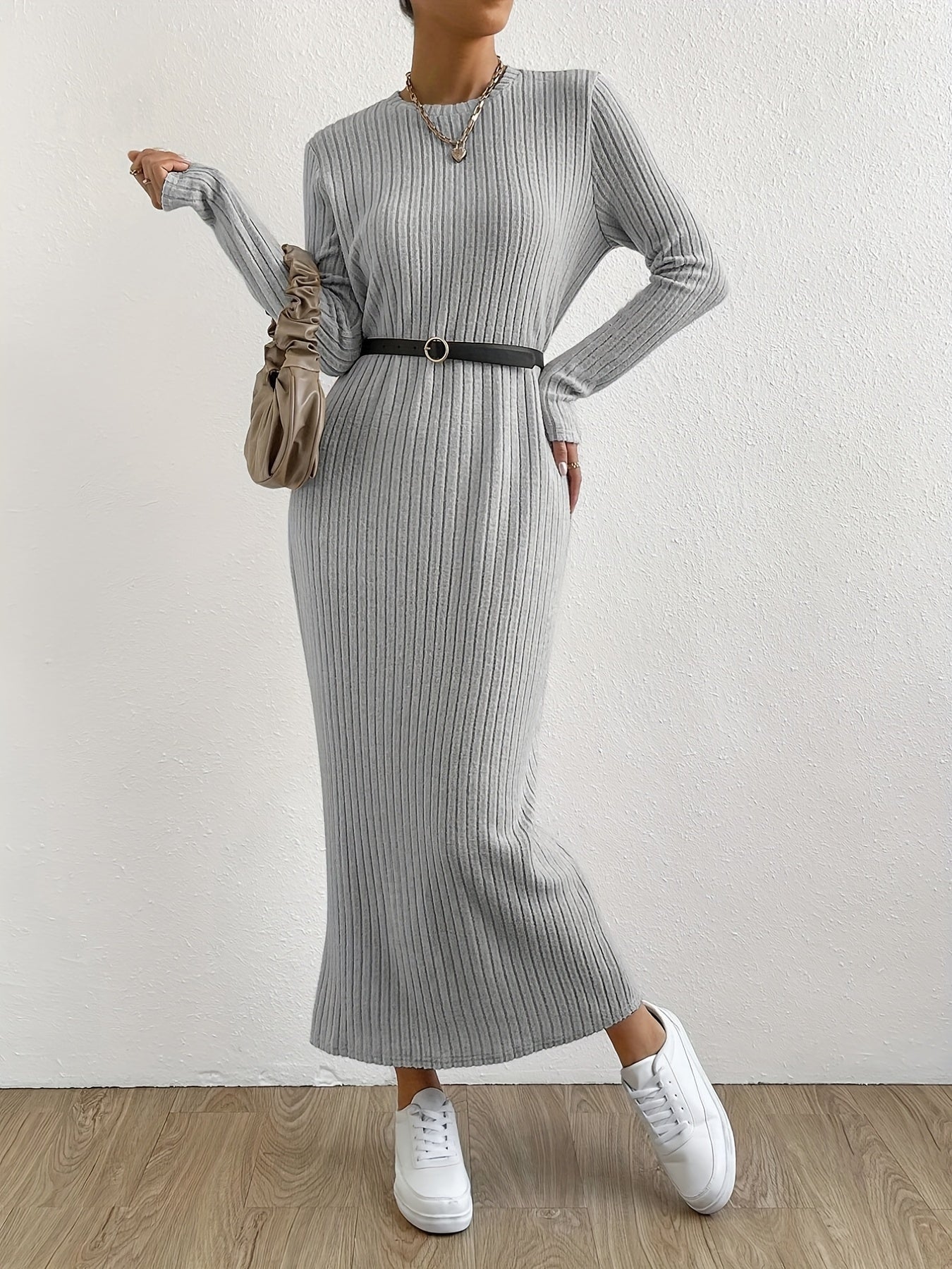 gbolsos Solid Ribbed Dress, Elegant Crew Neck Long Sleeve Maxi Dress, Women's Clothing