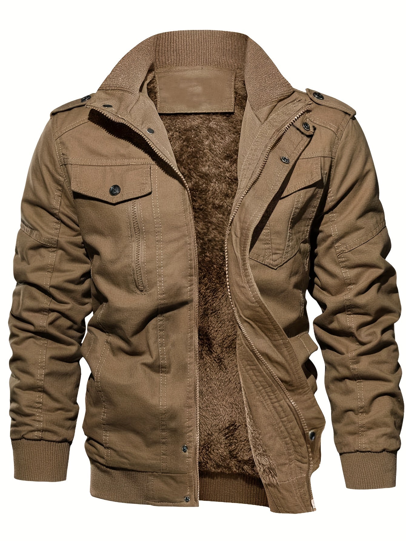 gbolsos Warm Plush Fleece Cotton Jacket, Men's Casual Zipper Pockets Stand Collar Jacket Coat For Fall Winter