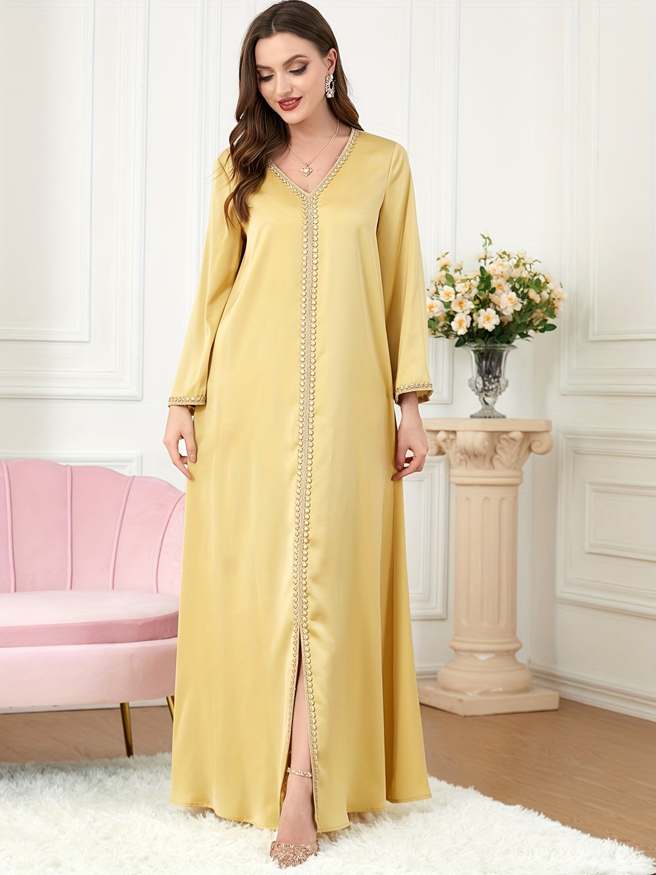 gbolsos Floral Print Contrast Collar Kaftan Dress, Elegant V Neck Long Sleeve Maxi Dress, Women's Clothing