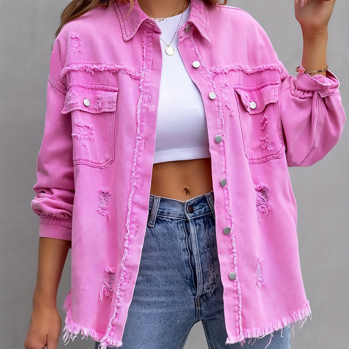 gbolsos Raw Hem Ripped Distressed Denim Jacket, Flap Pockets Long Sleeves Street Style Single-Breasted Denim Coat, Women's Denim Jeans & Clothing