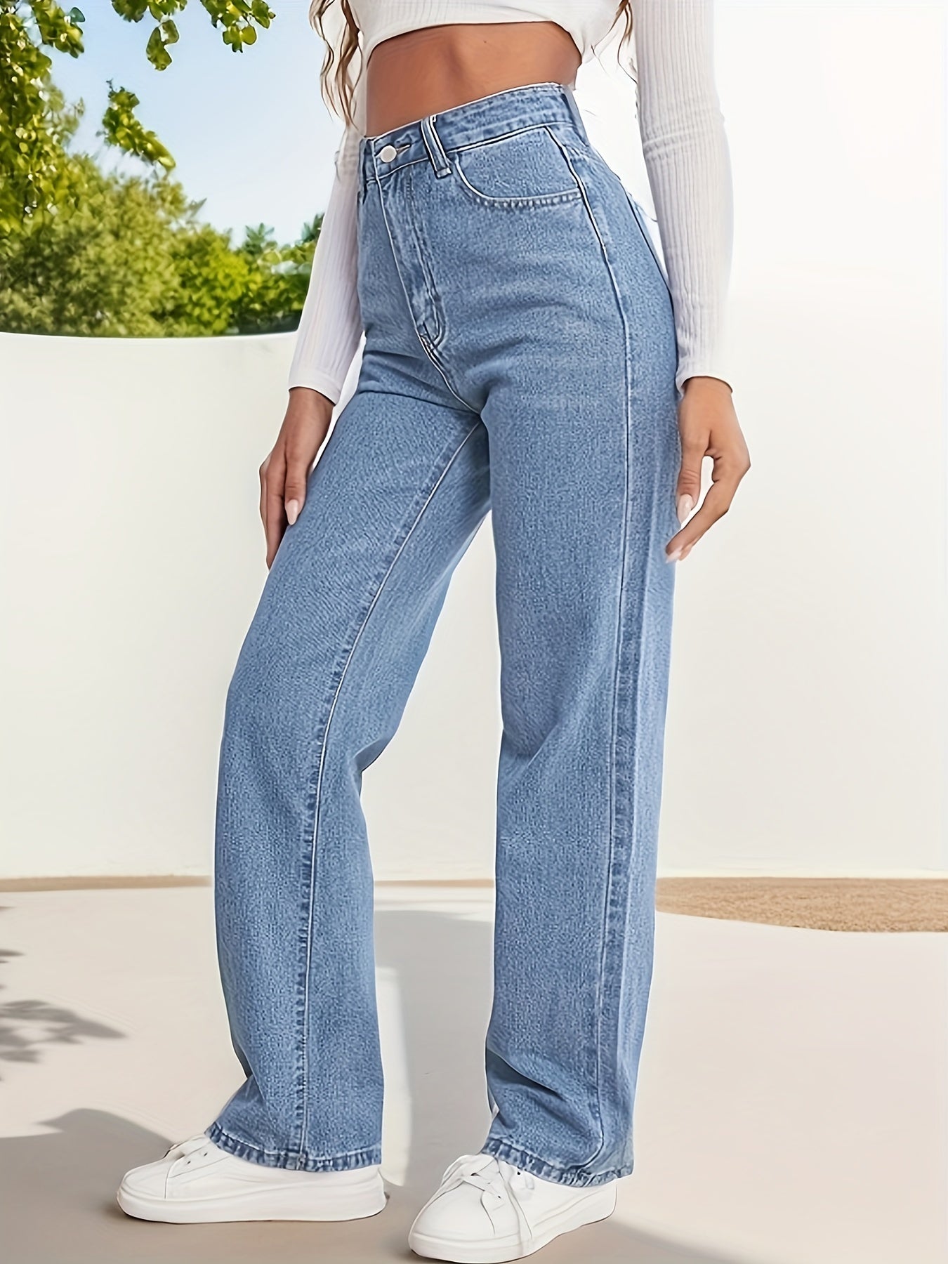 gbolsos High Waist Whiskering Light Wash Mom Jeans, Water Ripple Embossed Loose Straight Leg Denim Pants, Women's Denim Jeans & Clothing