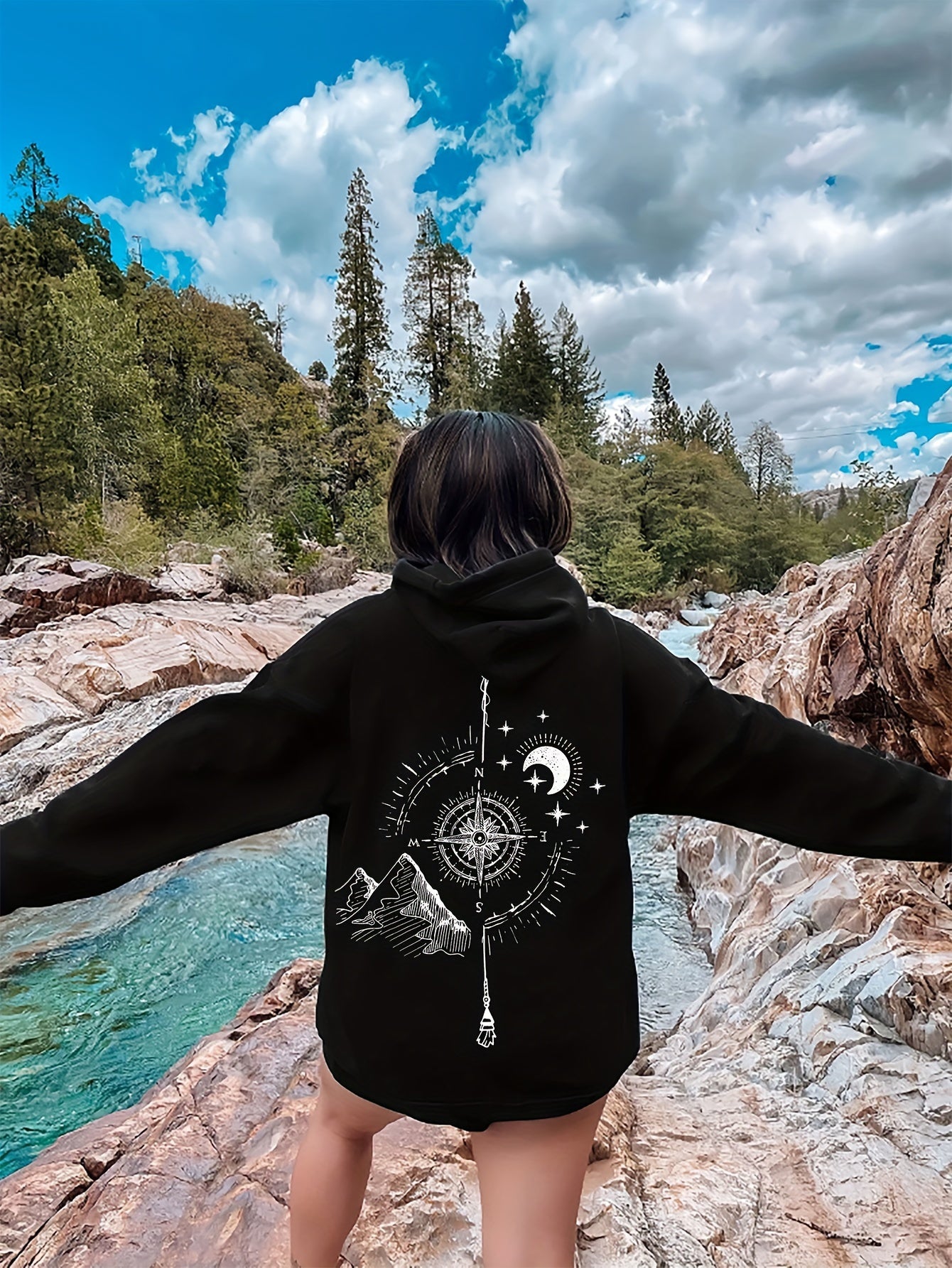 gbolsos Mountain & Moon Print Hoodie, Casual Long Sleeve Hooded Sweatshirt, Women's Clothing
