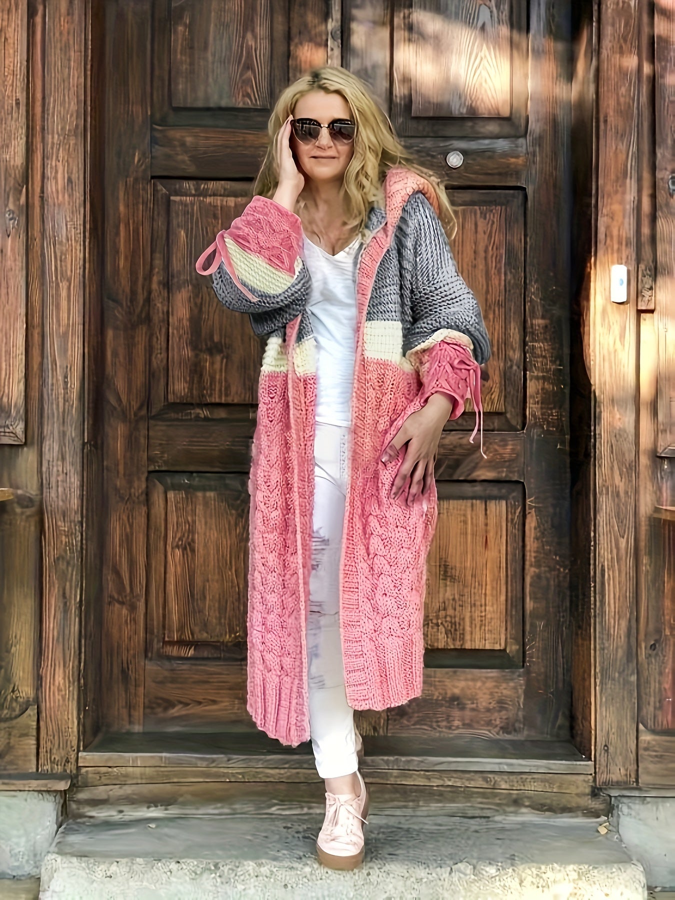 gbolsos Color Block Open Front Sweater Cardigan, Casual Long Sleeve Hooded Knitted Cardigan, Women's Clothing