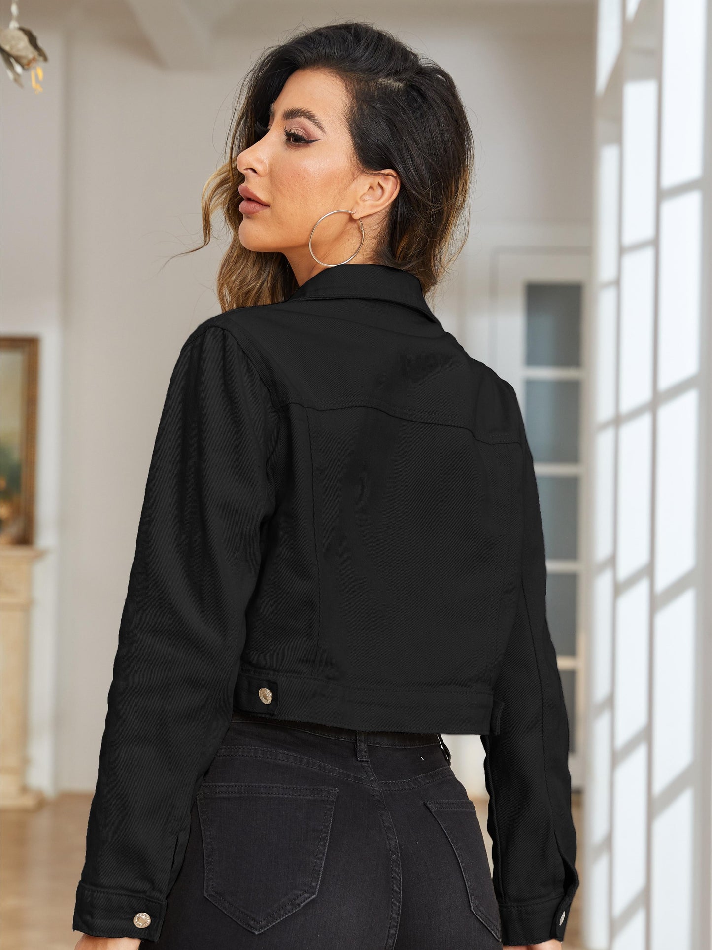gbolsos Black Long Sleeves Denim Jackets, Single-Bresated Button Lapel Cropped Denim Coats, Women's Denim Clothing