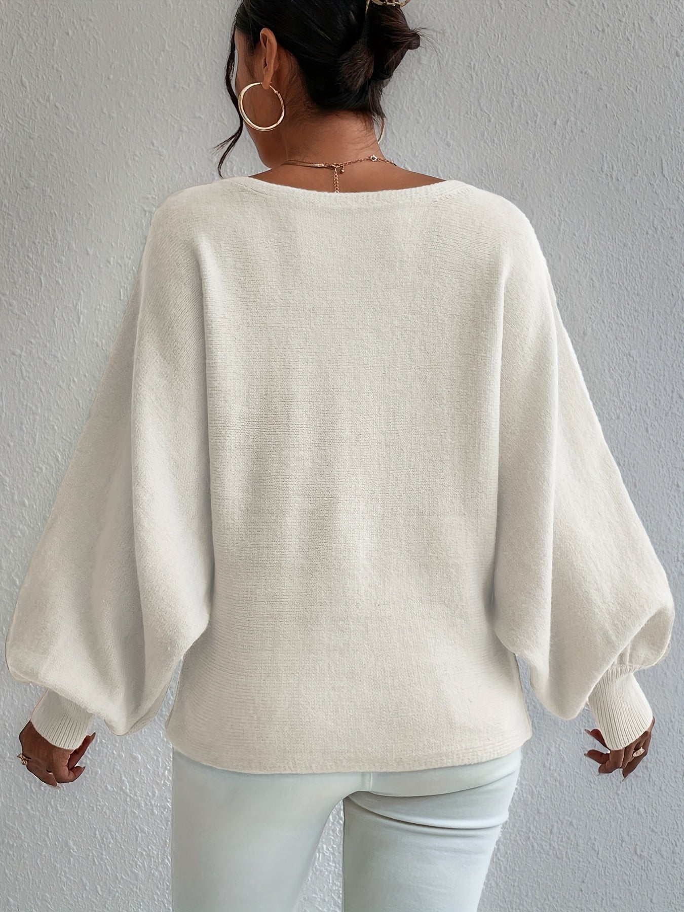 gbolsos Graphic Pattern Boat Neck Pullover Sweater, Elegant Lantern Sleeve Oversized Sweater, Women's Clothing