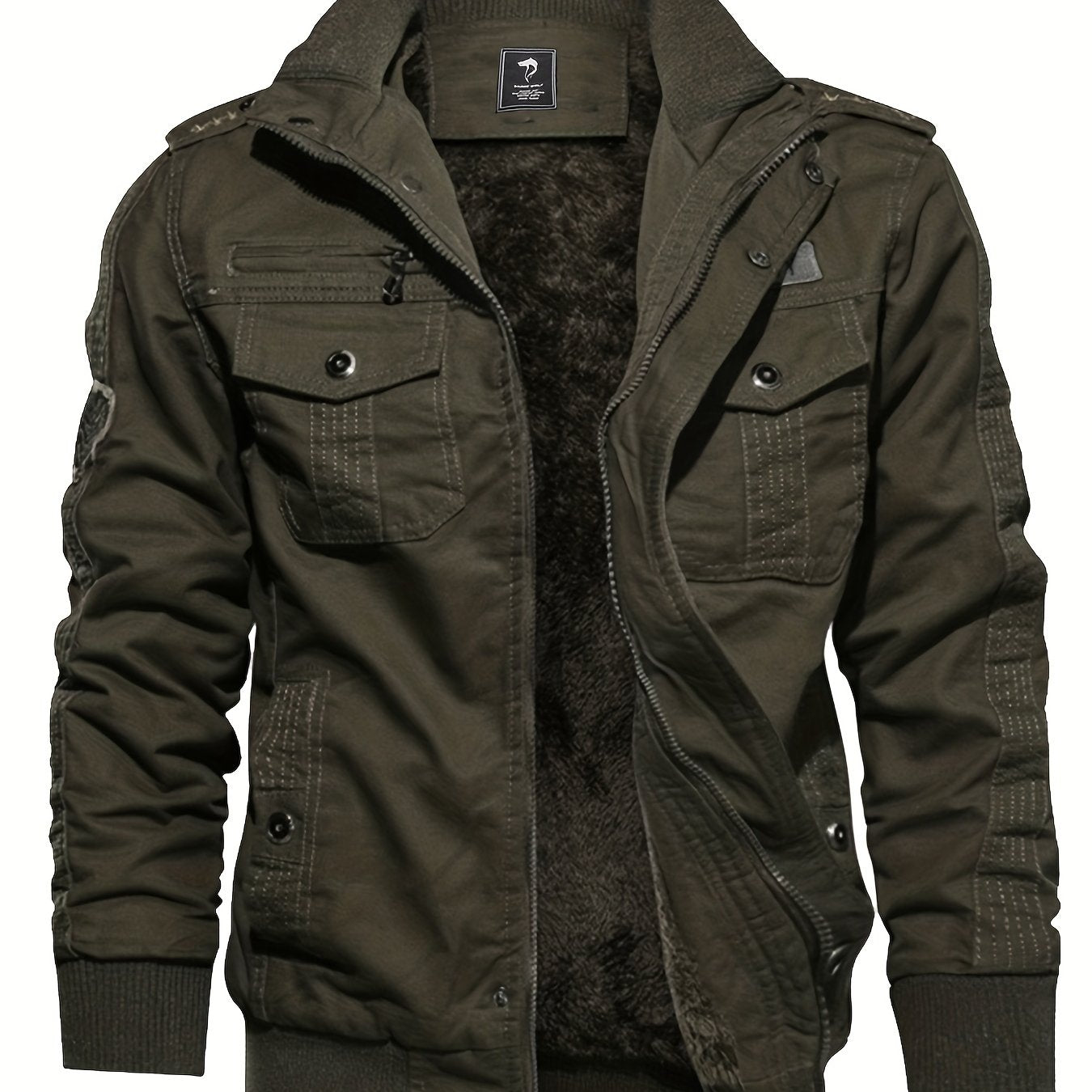 gbolsos Warm Plush Fleece Cotton Jacket, Men's Casual Zipper Pockets Stand Collar Jacket Coat For Fall Winter