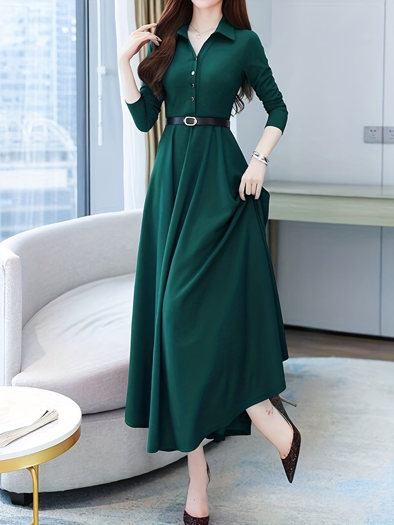 gbolsos Solid Buttons Dress, Vintage High Waist Long Sleeve Pleated Dress, Women's Clothing