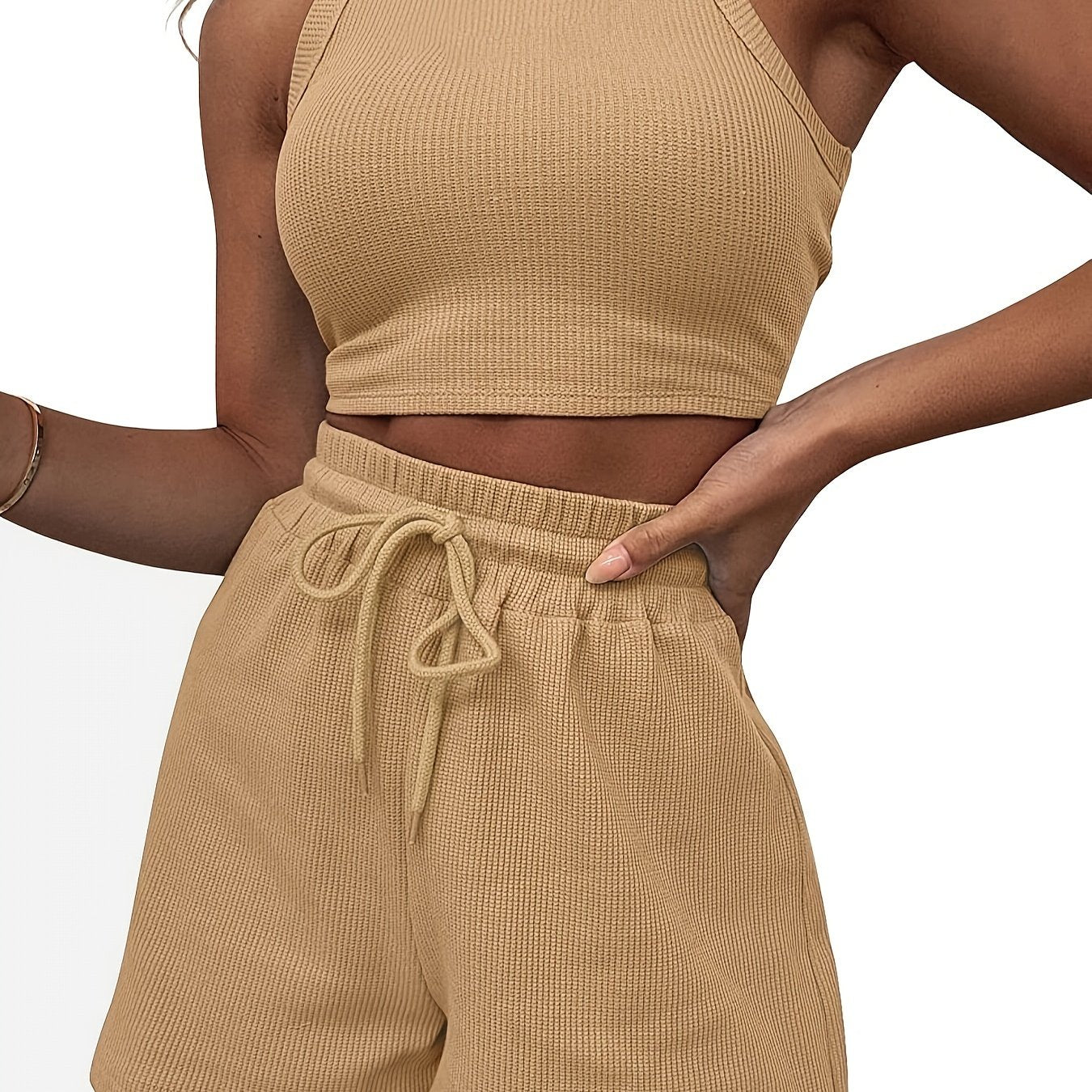 gbolsos 2pcs Waffle Casual Sports Sets, Solid Crew Neck Sports Crop Tank Top & Drawstring Shorts, Women's Athleisure