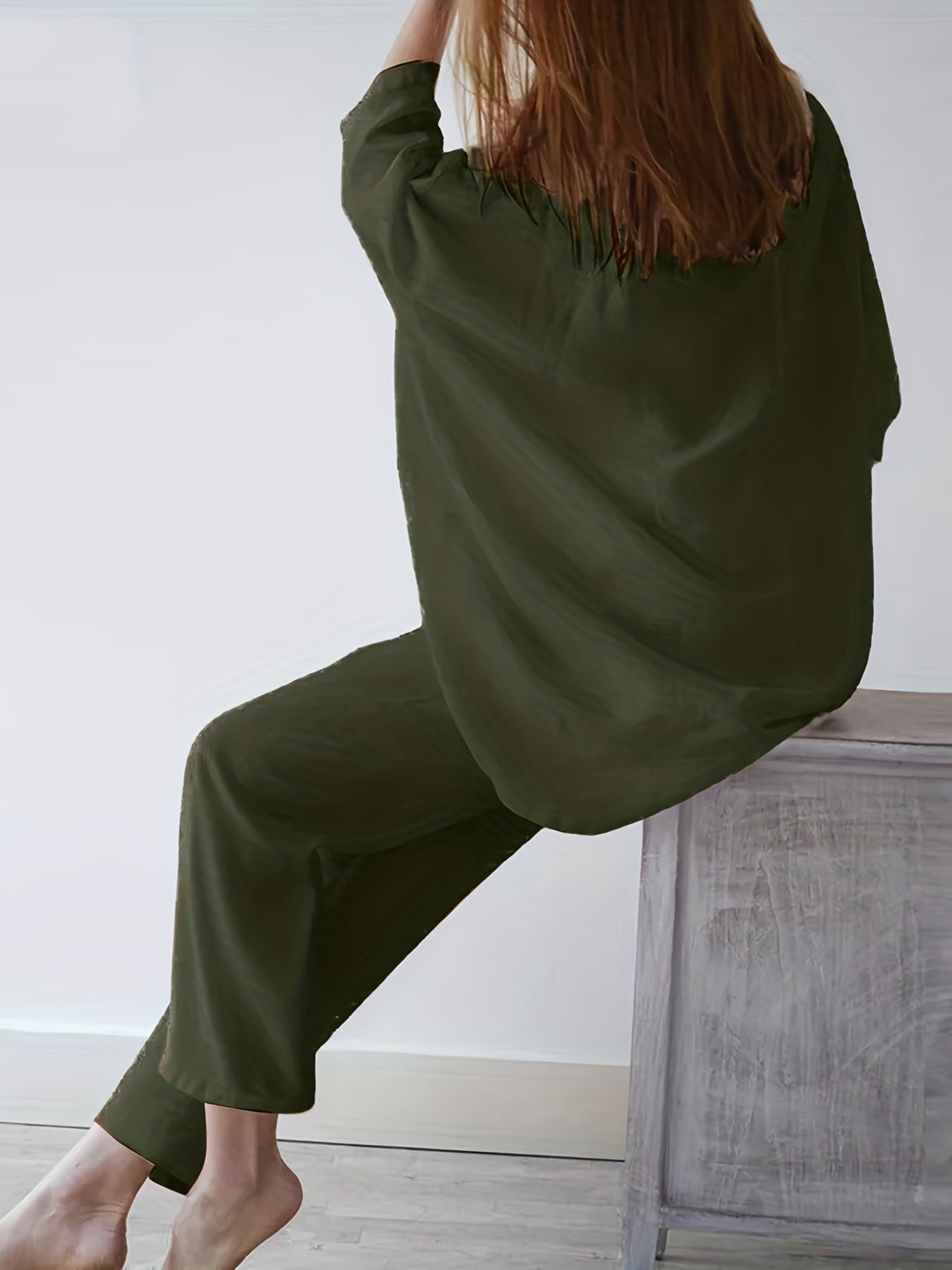 gbolsos Solid Casual Two-piece Set, Long Sleeve Crew Neck Loose Tops & Wide Leg Pants Outfits, Women's Clothing
