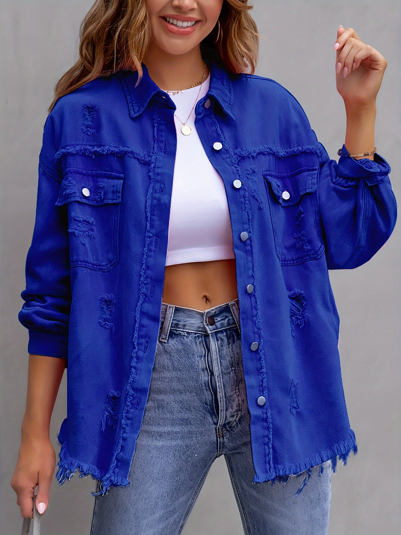 gbolsos Raw Hem Ripped Distressed Denim Jacket, Flap Pockets Long Sleeves Street Style Single-Breasted Denim Coat, Women's Denim Jeans & Clothing
