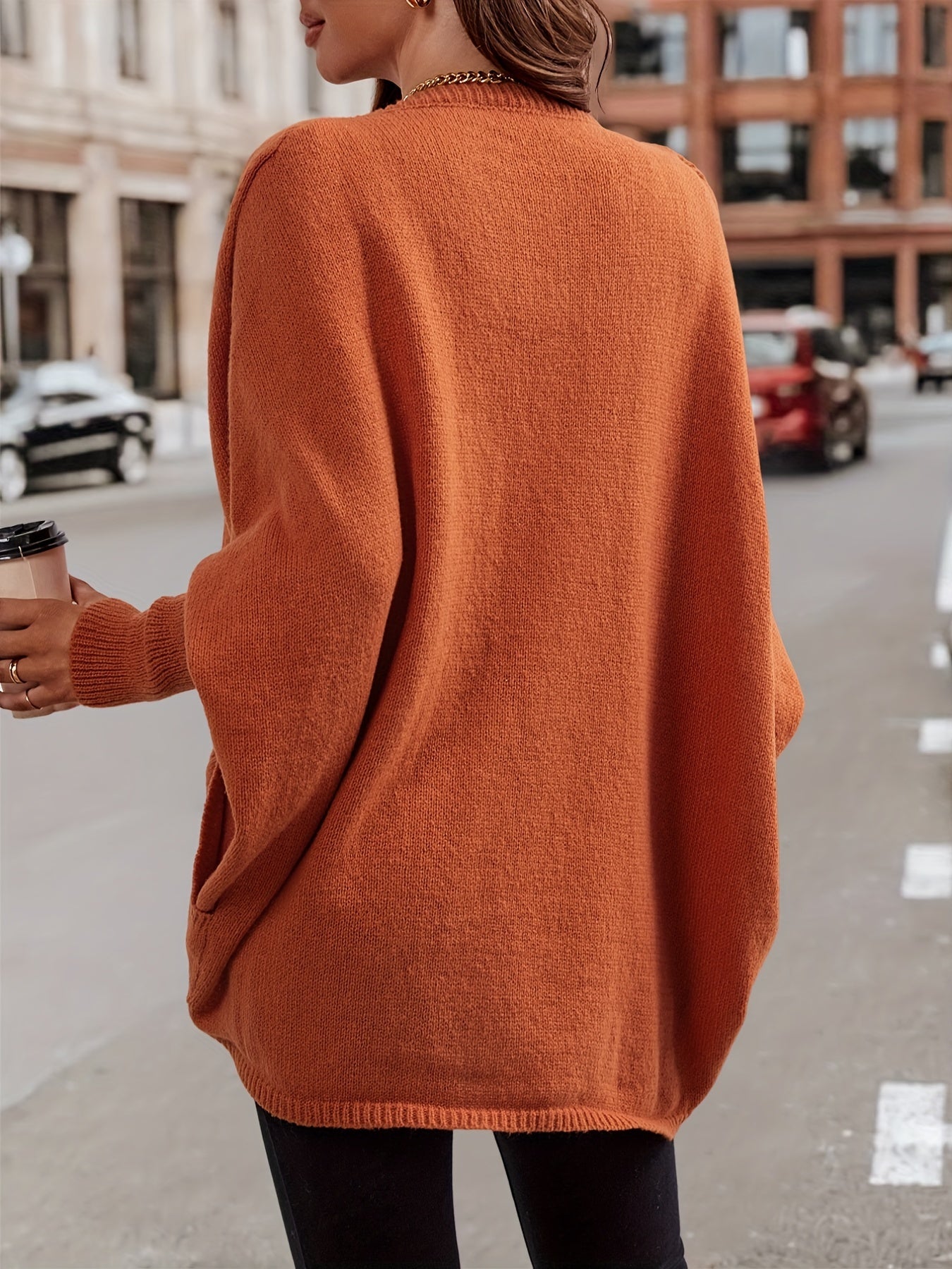 gbolsos Solid Pocket Knitted Cardigan, Casual Batwing Sleeve Knit Outwear For Fall & Winter, Women's Clothing