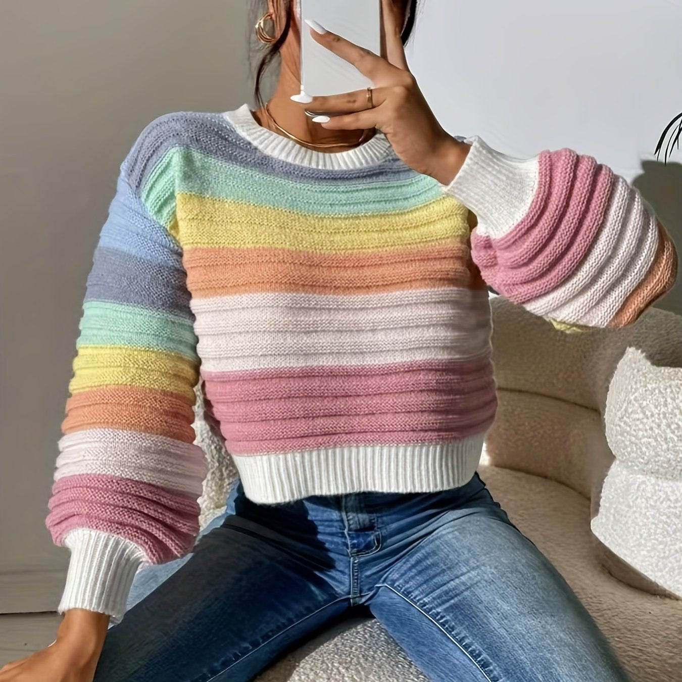gbolsos Striped Pattern Crew Neck Sweater, Casual Long Lantern Sleeve Sweater For Spring & Fall, Women's Clothing