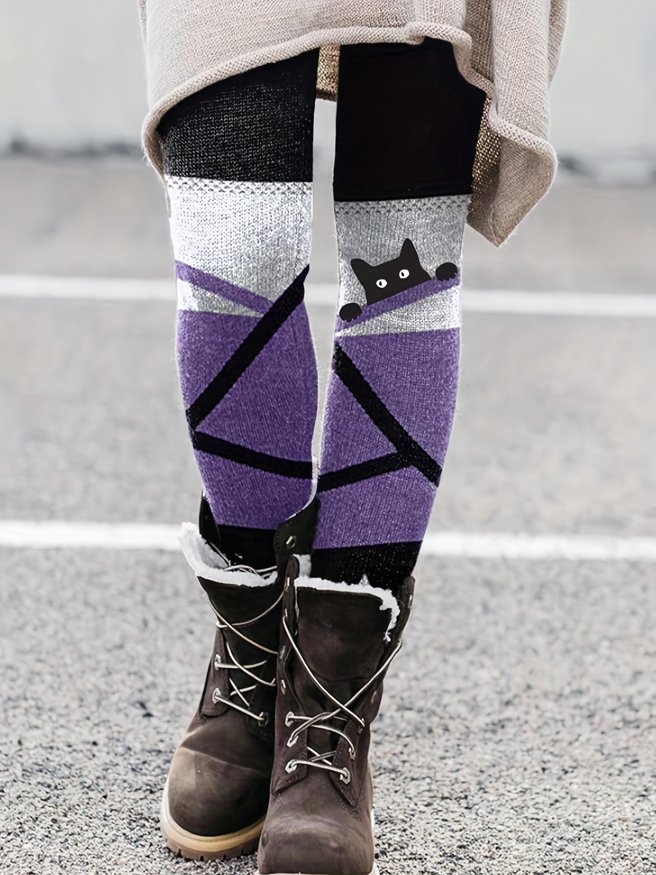 gbolsosCat & Stripe Print Skinny Leggings, Casual Every Day Stretchy Leggings, Women's Clothing