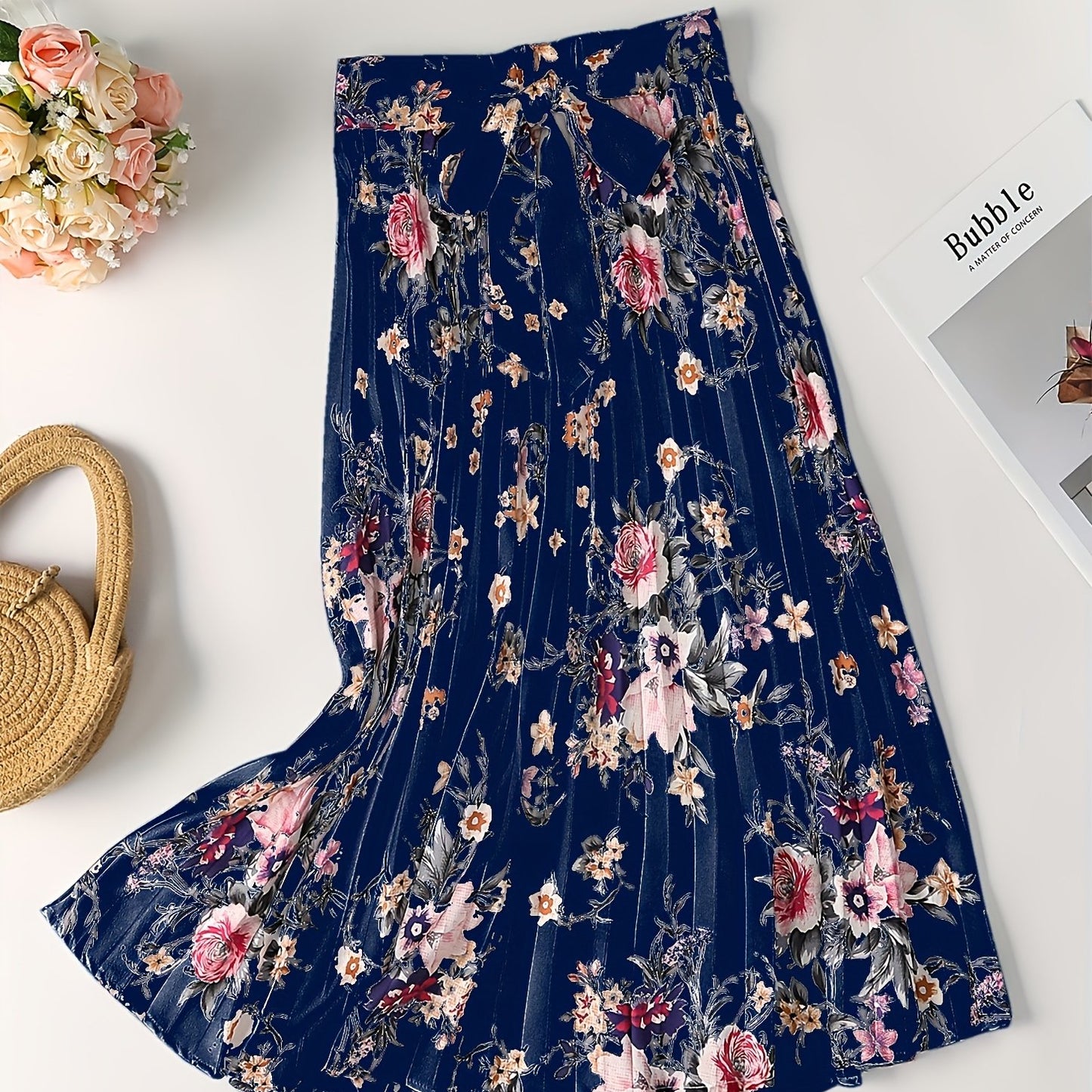 Vintage Floral Print Skirts, Elegant Pleated Tie Waist Daily Skirts, Women's Clothing