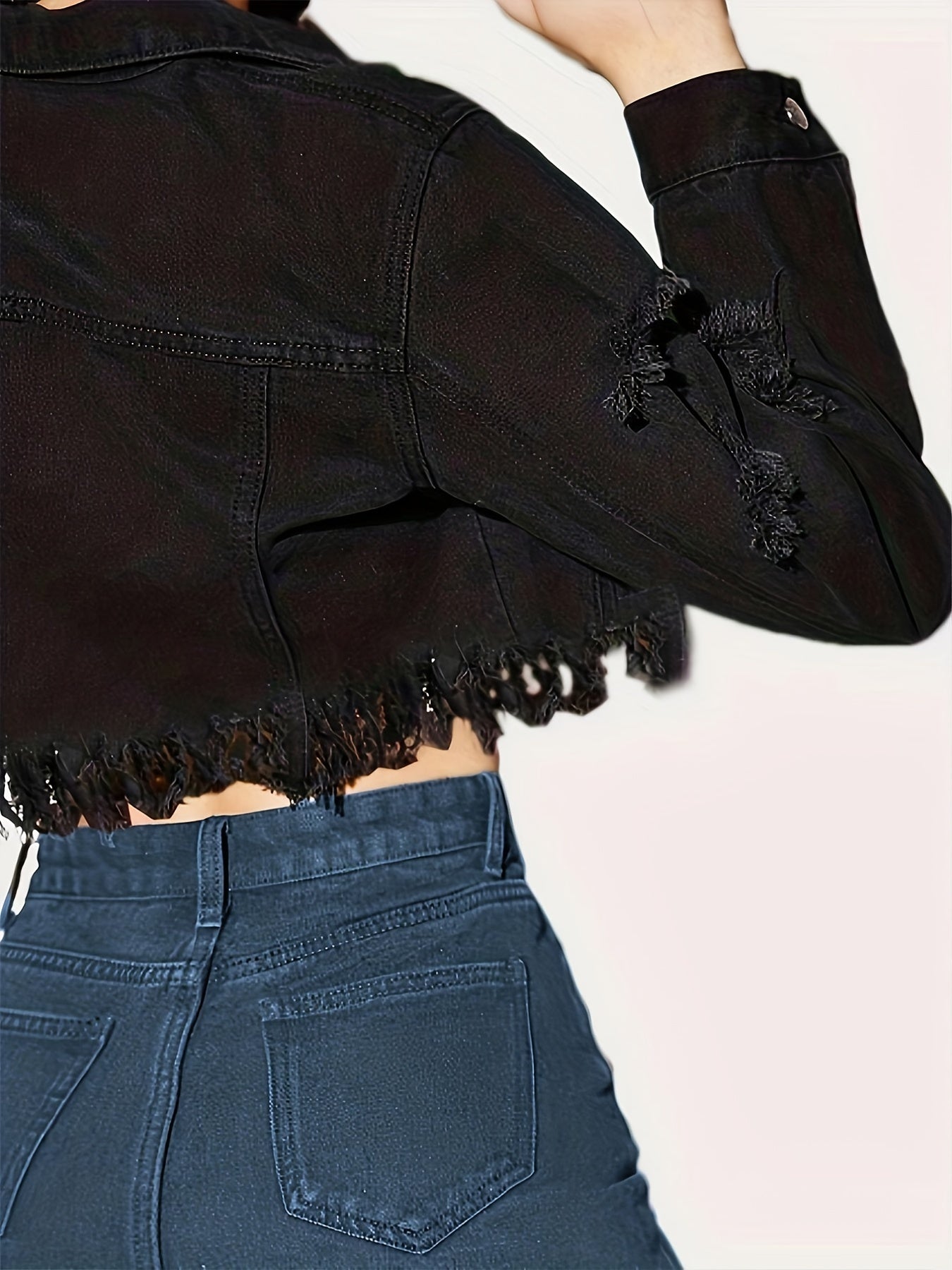 gbolsos Black Cropped Denim Jackets, Distressed Raw Hem Long Sleeve Casual Single Breasted Button Flap Pockets Denim Coats, Women's Denim Clothing