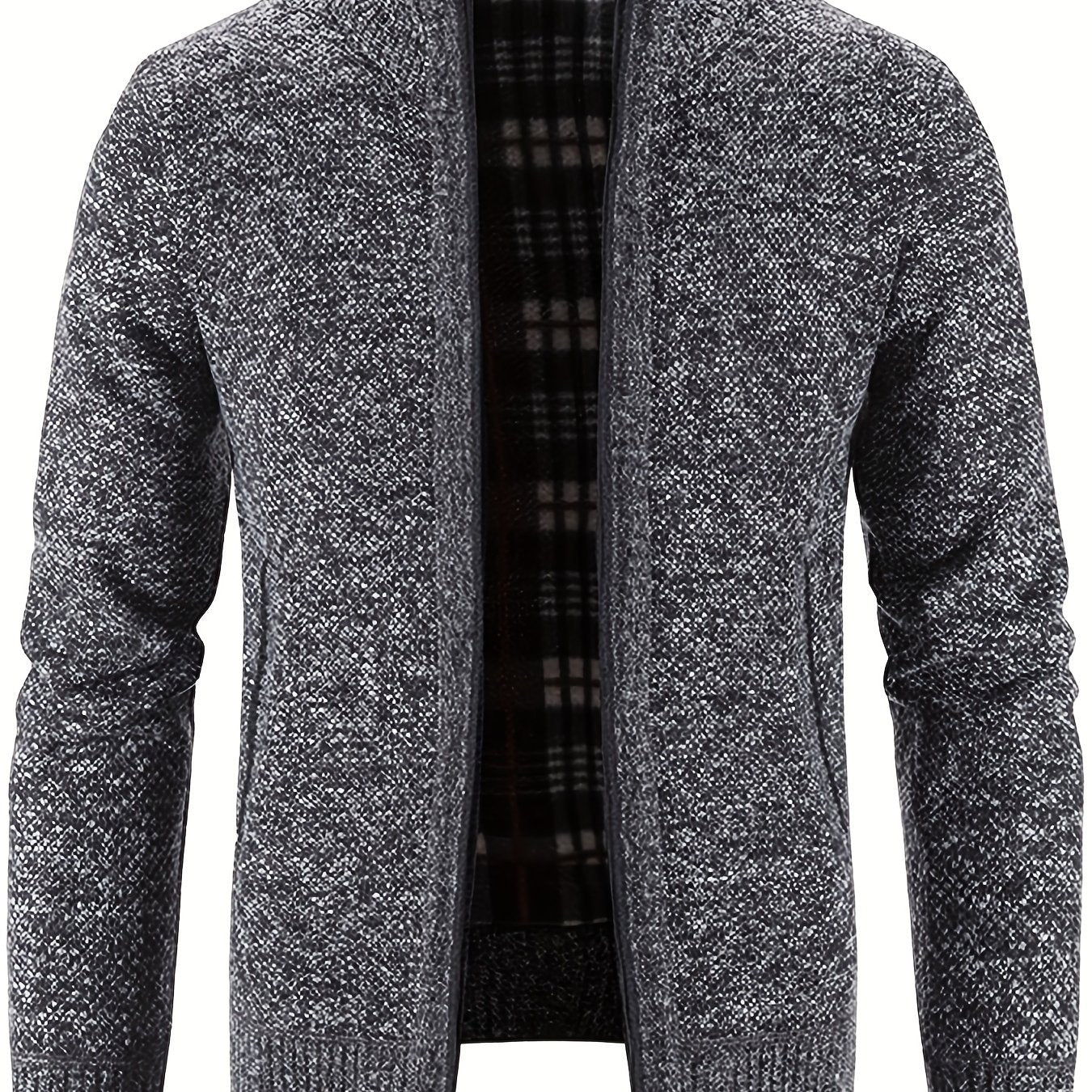 gbolsos Warm Stand Collar Fleece Jacket, Men's Semi-formal Comfortable Solid Color Zip Up Knitted Cardigan For Spring Fall
