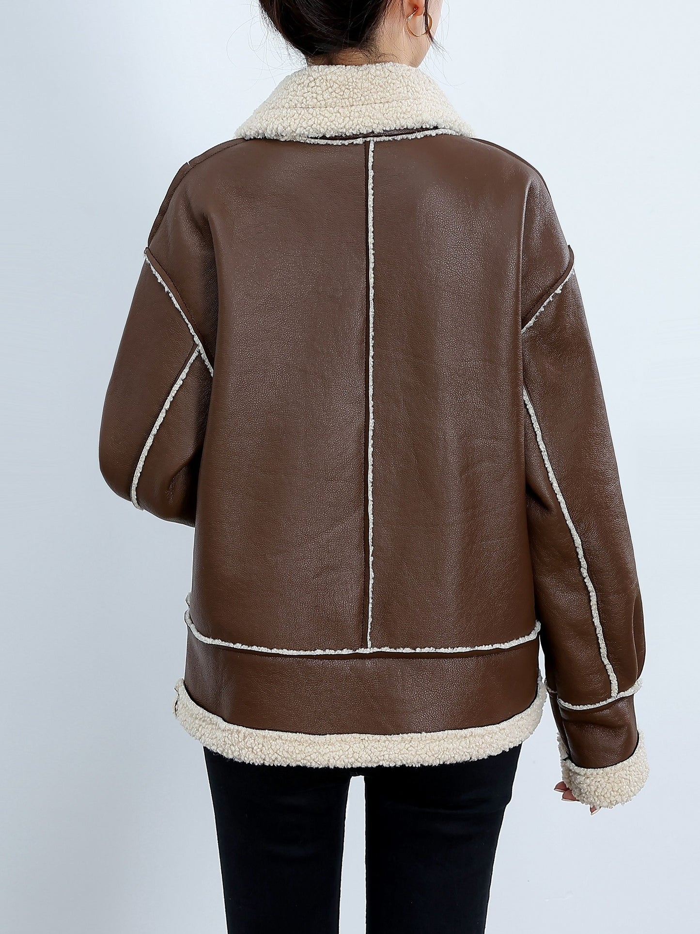 gbolsos Fuzzy Trim Biker Jacket, Casual Zip Up Long Sleeve Winter Outerwear, Women's Clothing