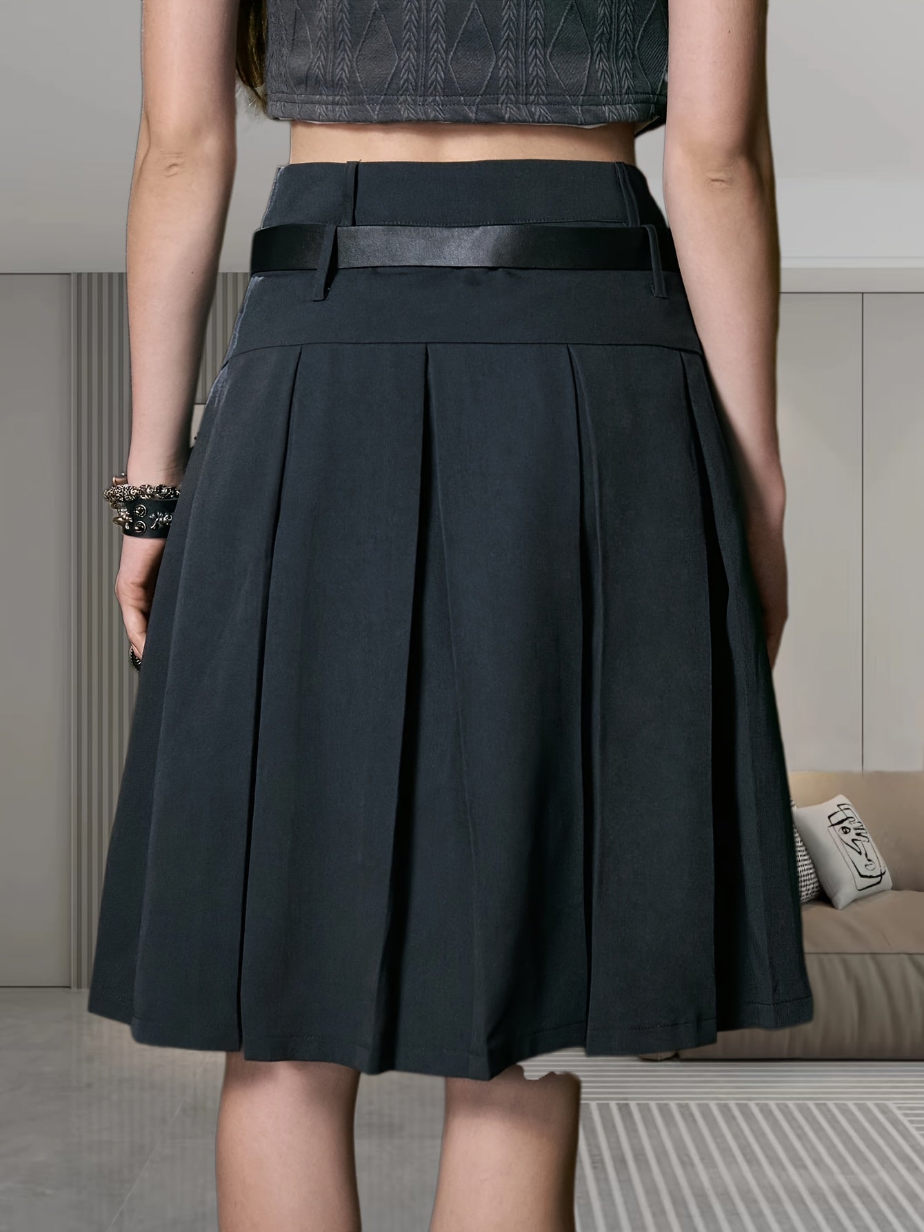 gbolsos Solid High Waist Pleated Skirt, Casual Knee Length Fashion Suit Skirt, Women's Clothing
