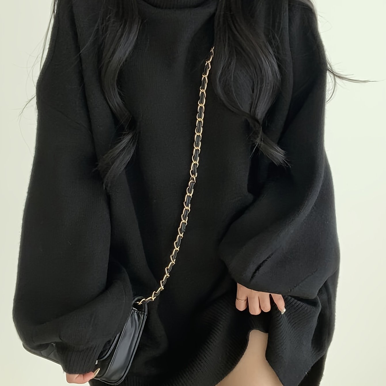 gbolsos Solid Turtle Neck Pullover Sweater, Casual Lantern Sleeve Split Oversized Sweater, Women's Clothing