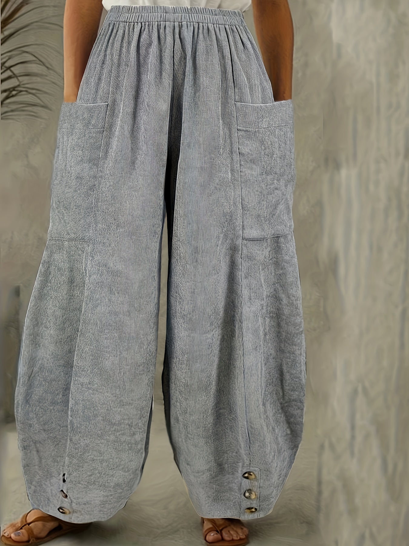 gbolsos Solid Corduroy Patched Pockets Pants, Casual Loose Button Decor Pants For Spring & Fall, Women's Clothing