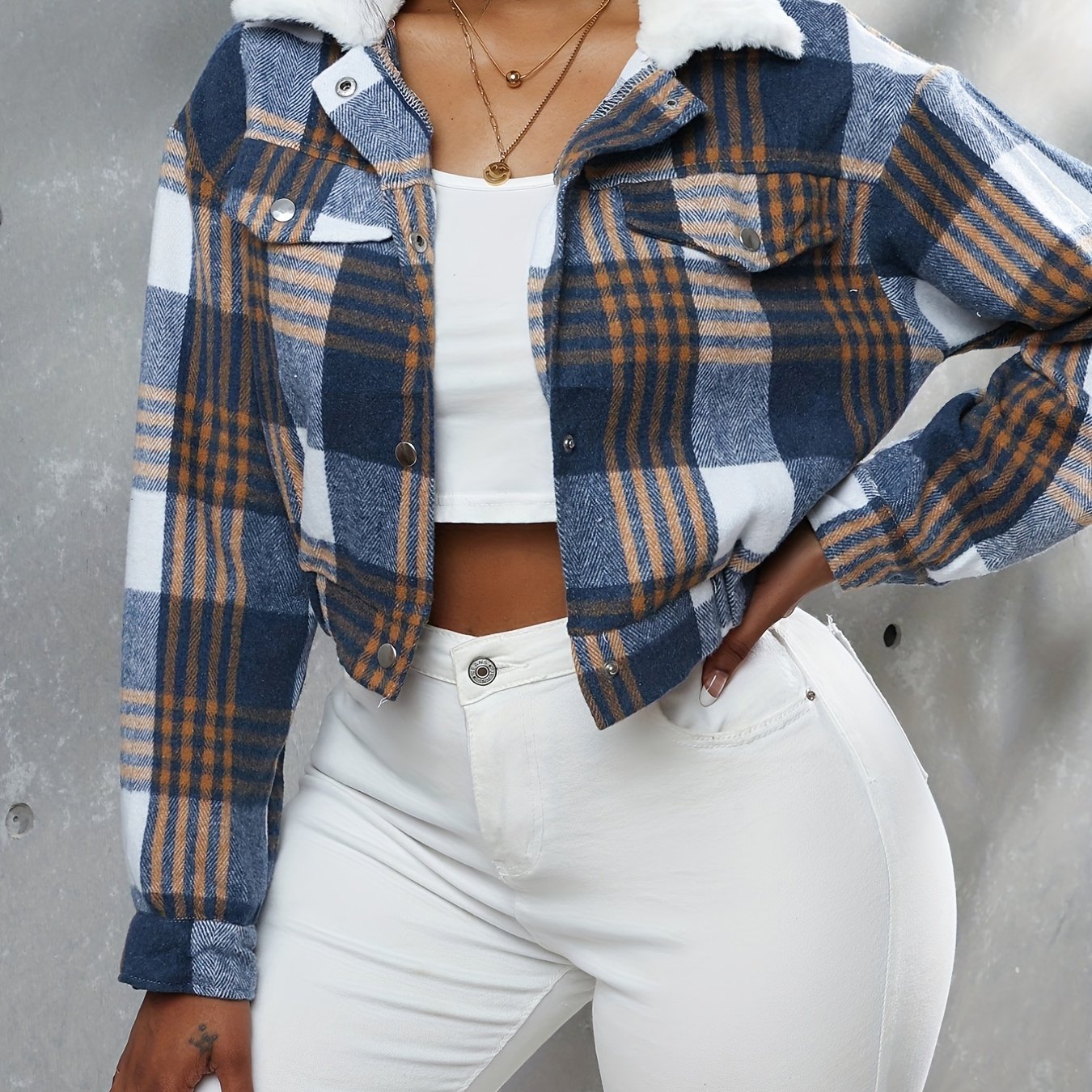 gbolsos Button Plaid Faux Fur Collar Jacket, Casual Long Sleeve Crop Jacket For Fall & Winter, Women's Clothing