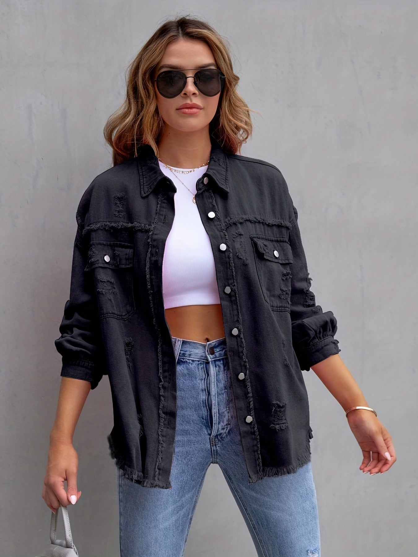 gbolsos Ripped Raw Edge Oversized Denim Jacket, Distressed Collar Long Sleeves Denim Coat, Flap Pockets Single-breasted Button Up Loose Denim Jacket, Women's Denim Jeans & Clothing