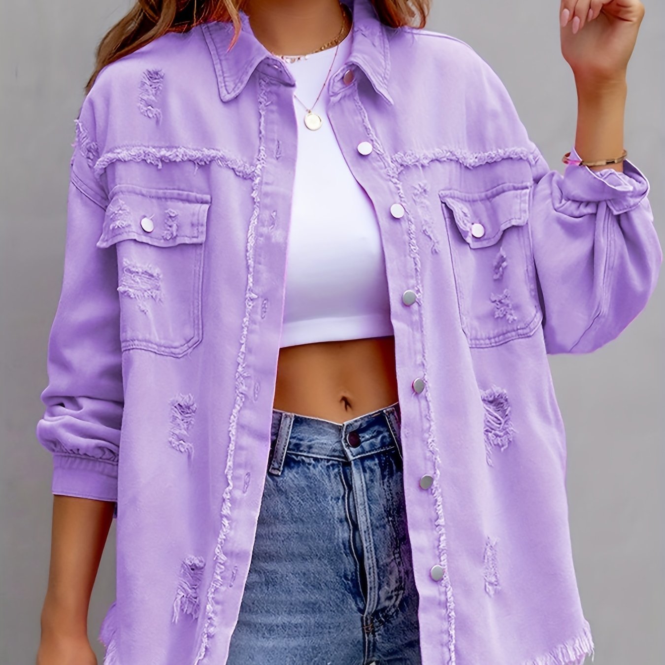 Raw Hem Ripped Distressed Denim Jacket, Flap Pockets Long Sleeves Street Style Single-Breasted Denim Coat, Women's Denim Jeans & Clothing