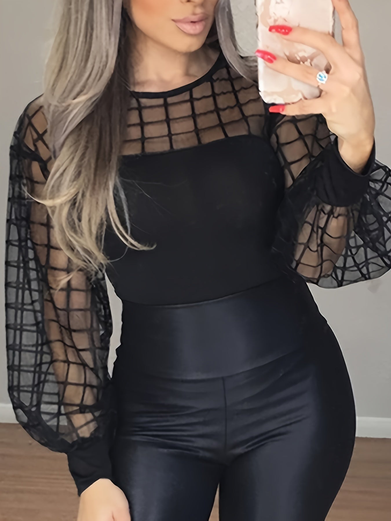 gbolsos Women's Blouse Solid Crew Neck Contrast Mesh Blouse Tops