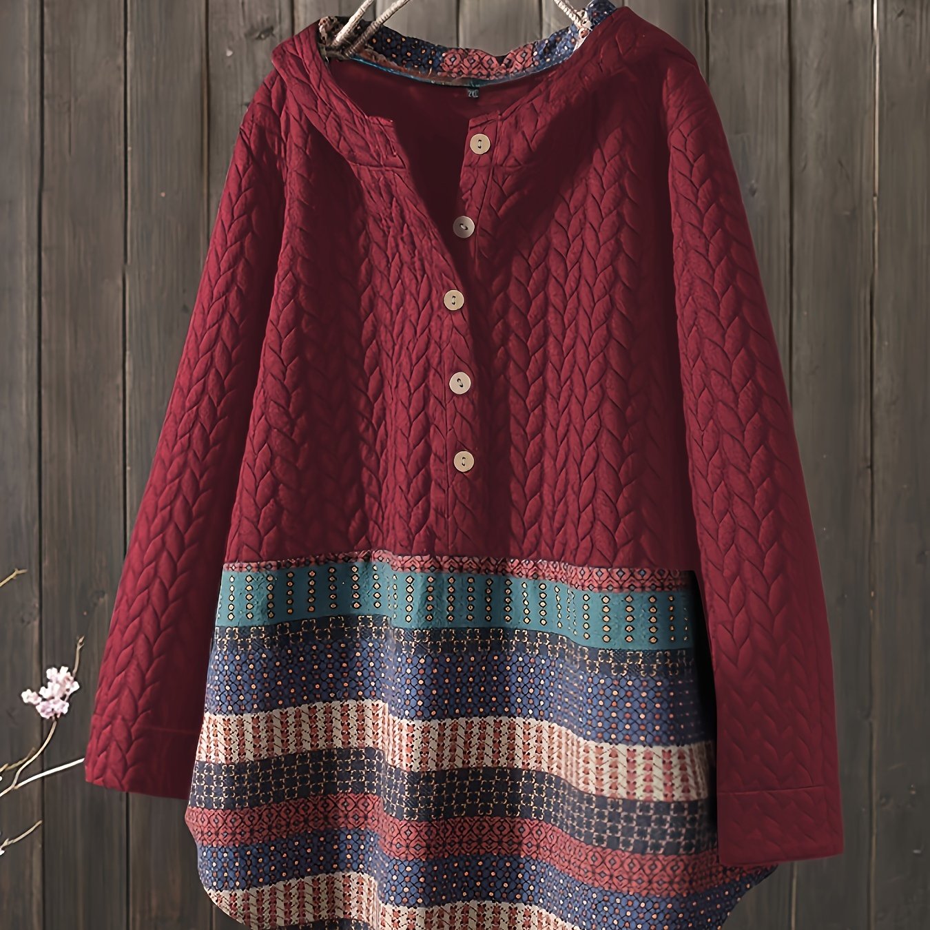 gbolsos Tribal Print Long Sleeve Hooded Padded Jacket, Casual Button Front Loose Hem Outerwear, Women's Clothing